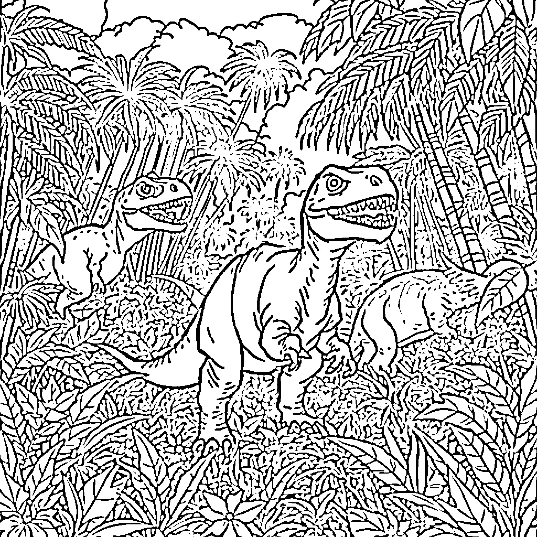 Dinosaurs roaming in a lush jungle landscape Coloring Page (free black-and-white line drawing printable PDF for all, from beginners to advanced learners, including children, teens, adults, and seniors)