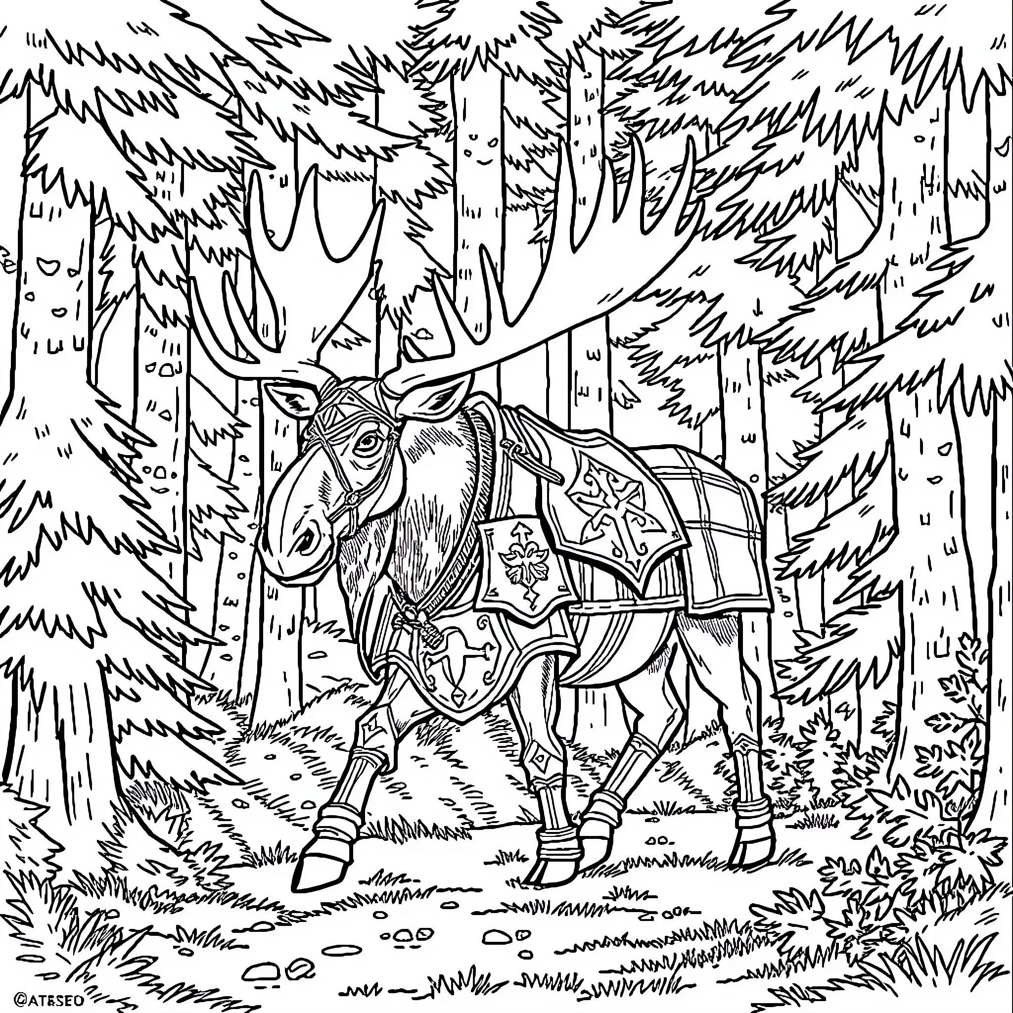 Moose exploring the enchanted forest Coloring Page (free black-and-white line drawing printable PDF for all, from beginners to advanced learners, including children, teens, adults, and seniors)