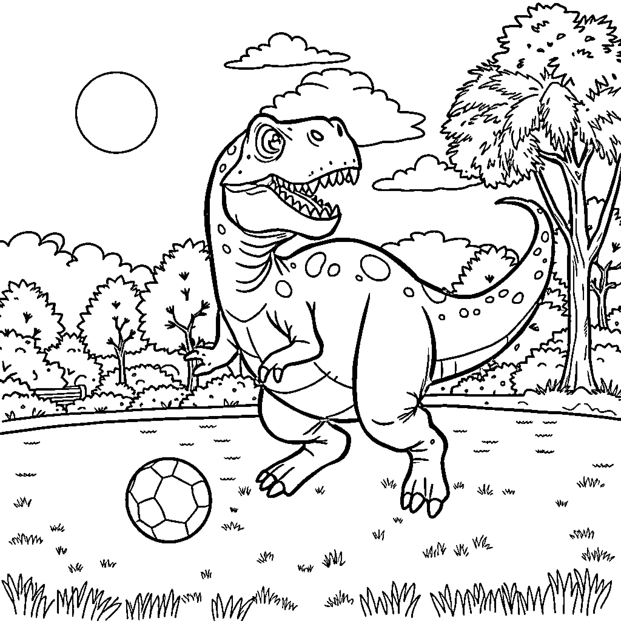 Gunnarsaurus playing with a soccer ball in the park Coloring Page (free black-and-white line drawing printable PDF for all, from beginners to advanced learners, including children, teens, adults, and seniors)