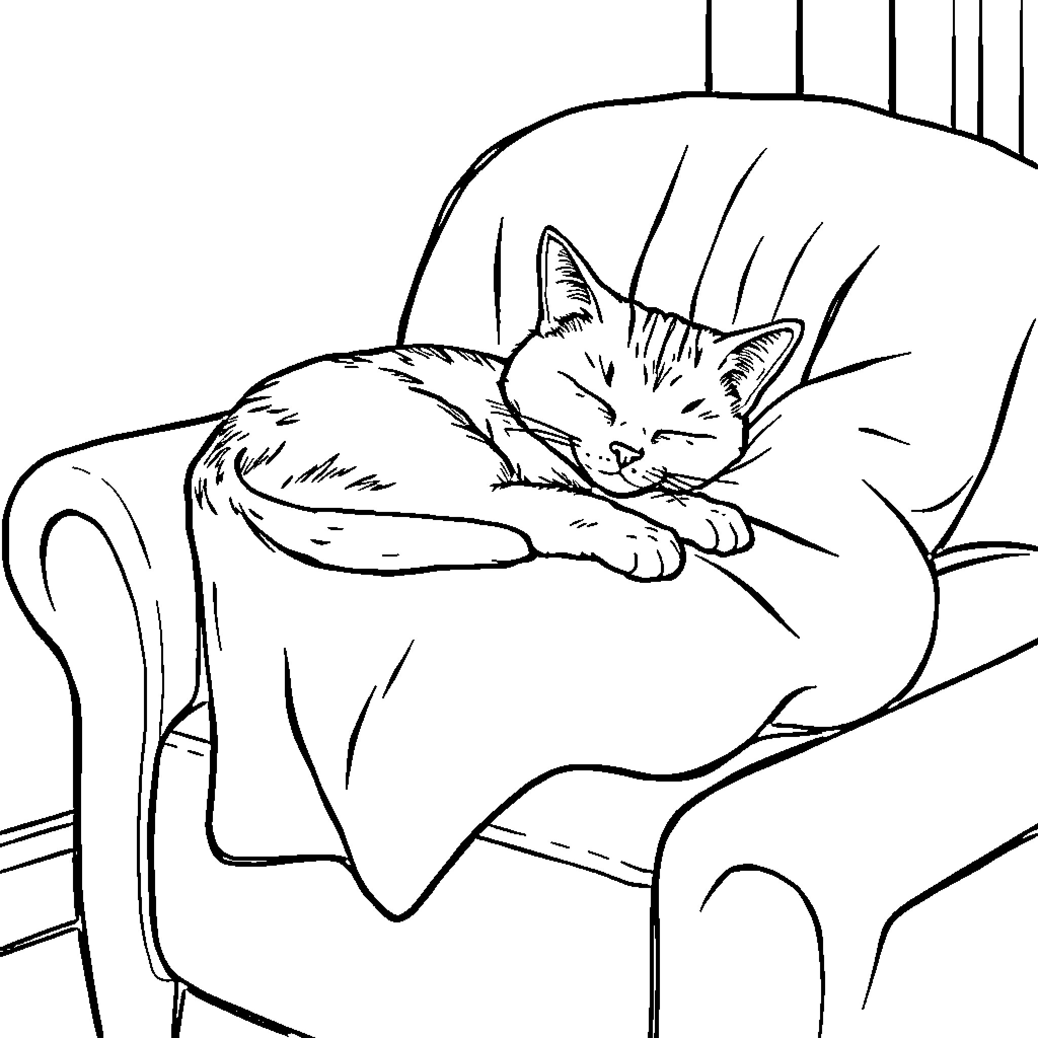 Cat resting peacefully on the couch Coloring Page (free black-and-white line drawing printable PDF for all, from beginners to advanced learners, including children, teens, adults, and seniors)