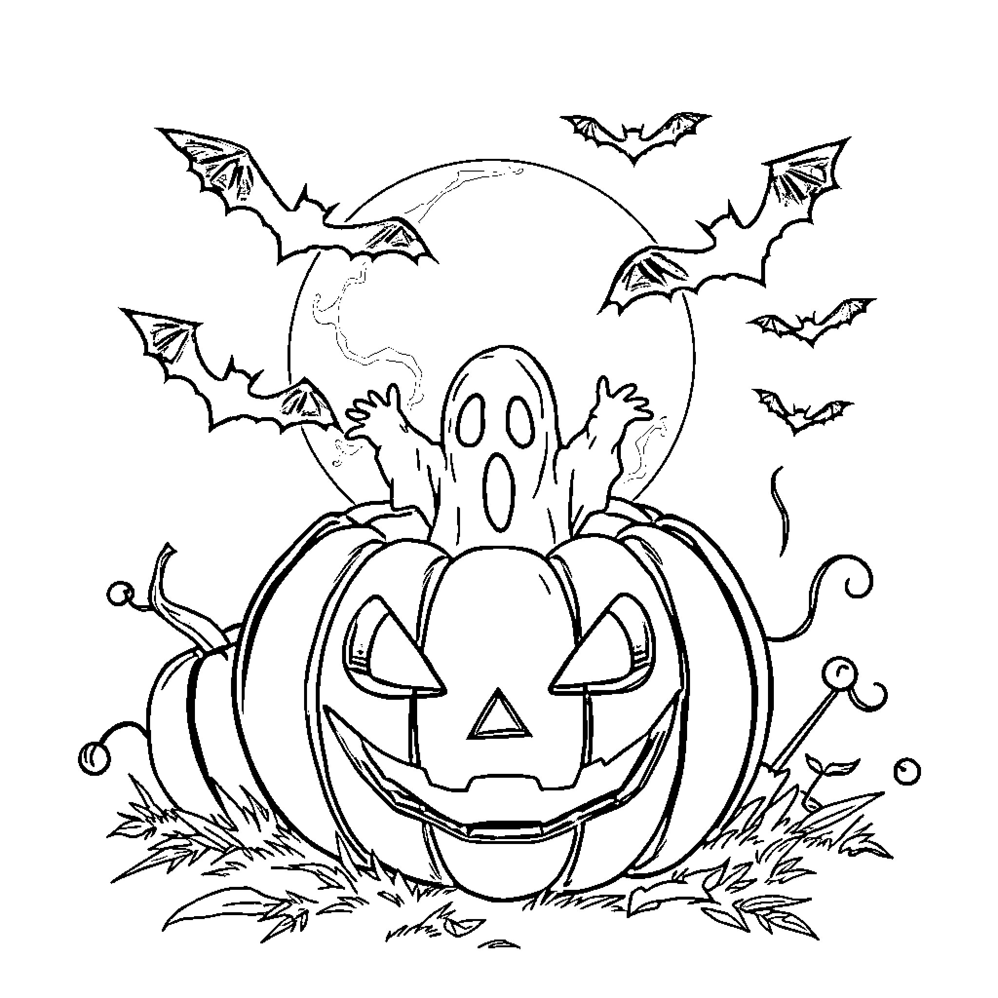Pumpkin Patch with Spooky Halloween Decor Coloring Page (free black-and-white line drawing printable PDF for all, from beginners to advanced learners, including children, teens, adults, and seniors)