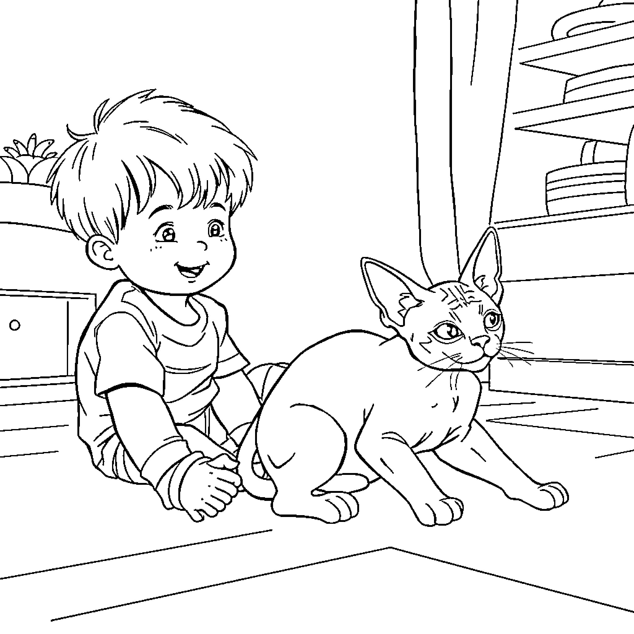 Boy playing with his pet cat in the room Coloring Page (free black-and-white line drawing printable PDF for all, from beginners to advanced learners, including children, teens, adults, and seniors)