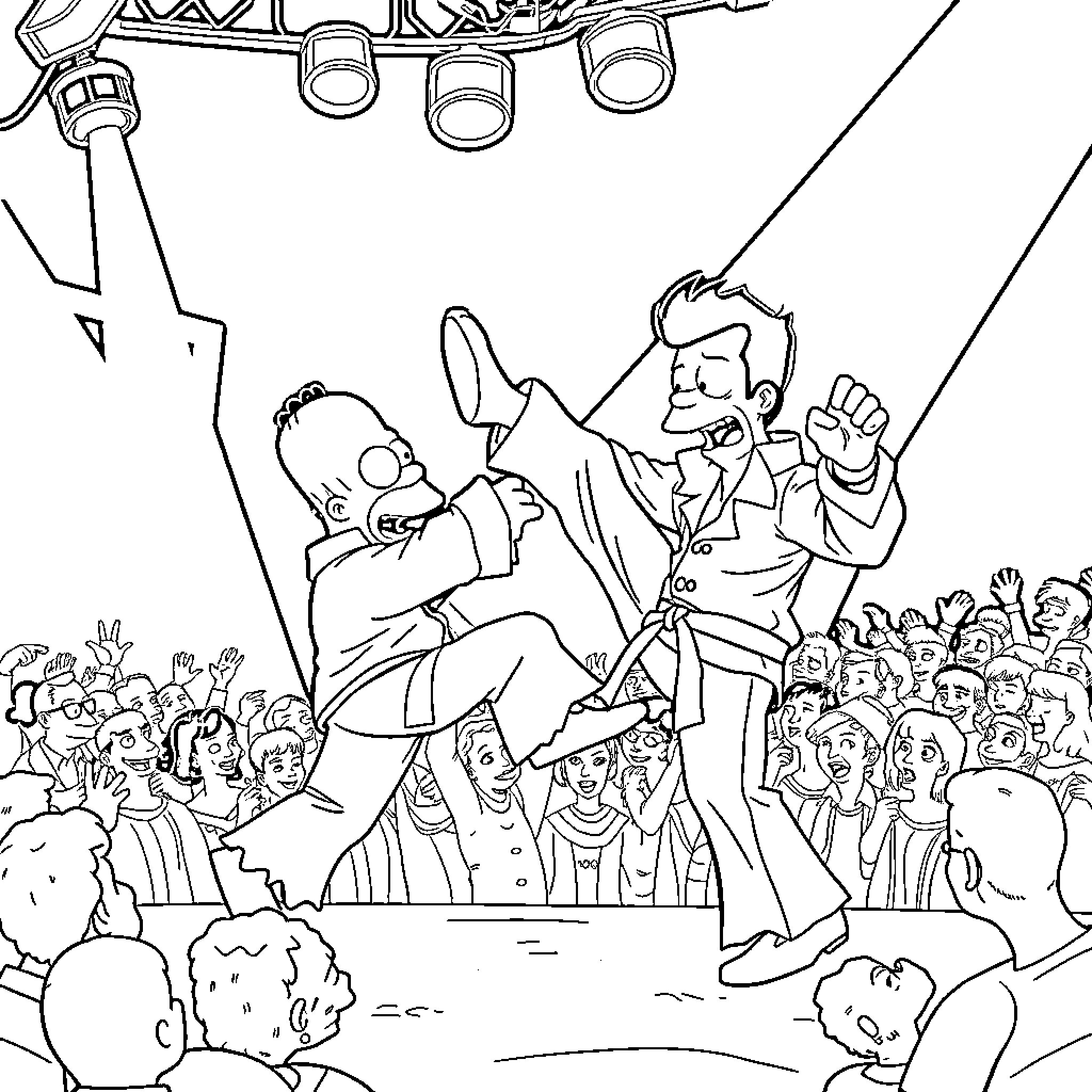 Homer Simpson performing on stage with a crowd Coloring Page (free black-and-white line drawing printable PDF for all, from beginners to advanced learners, including children, teens, adults, and seniors)