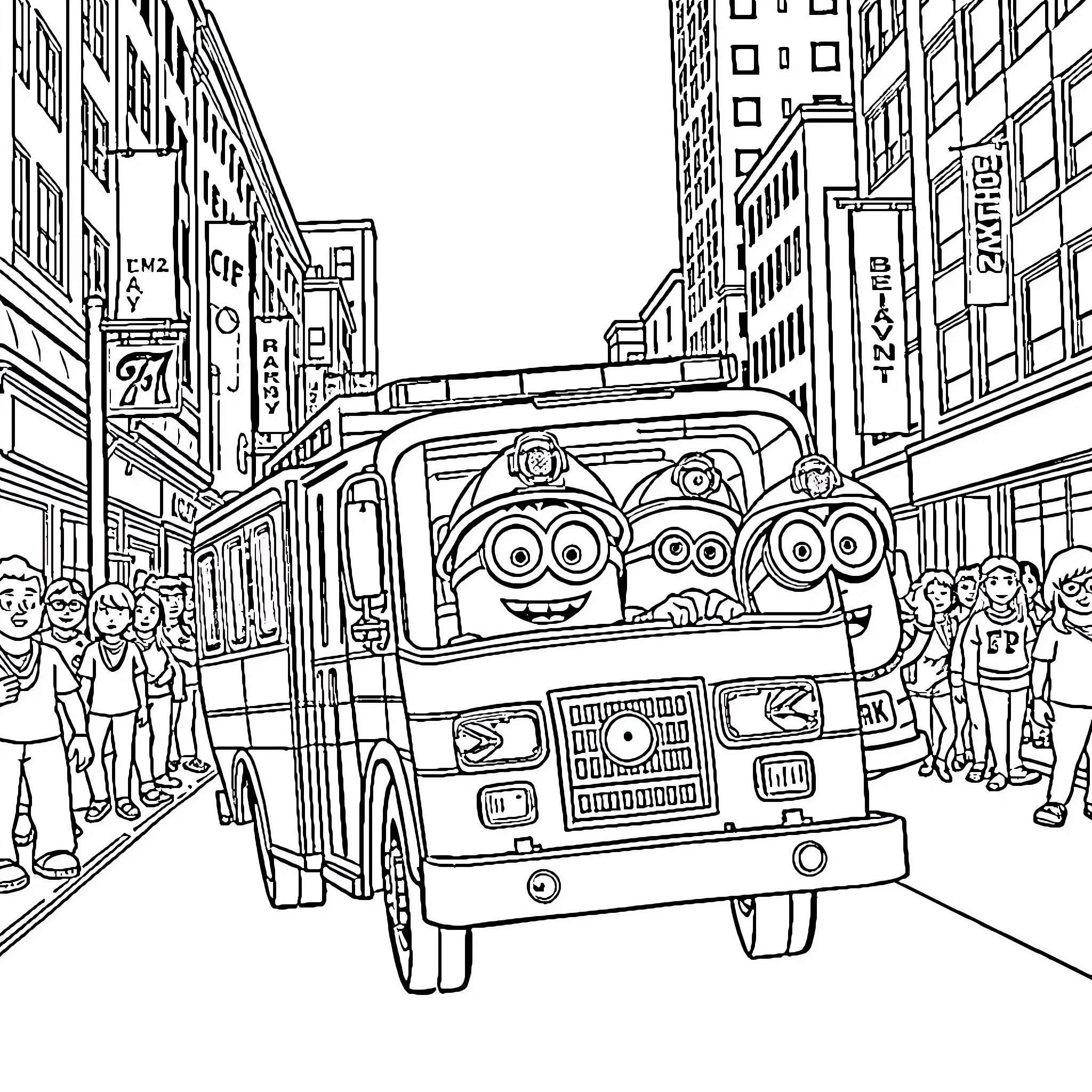 Gru's Wacky Adventures in the City Coloring Page (free black-and-white line drawing printable PDF for all, from beginners to advanced learners, including children, teens, adults, and seniors)