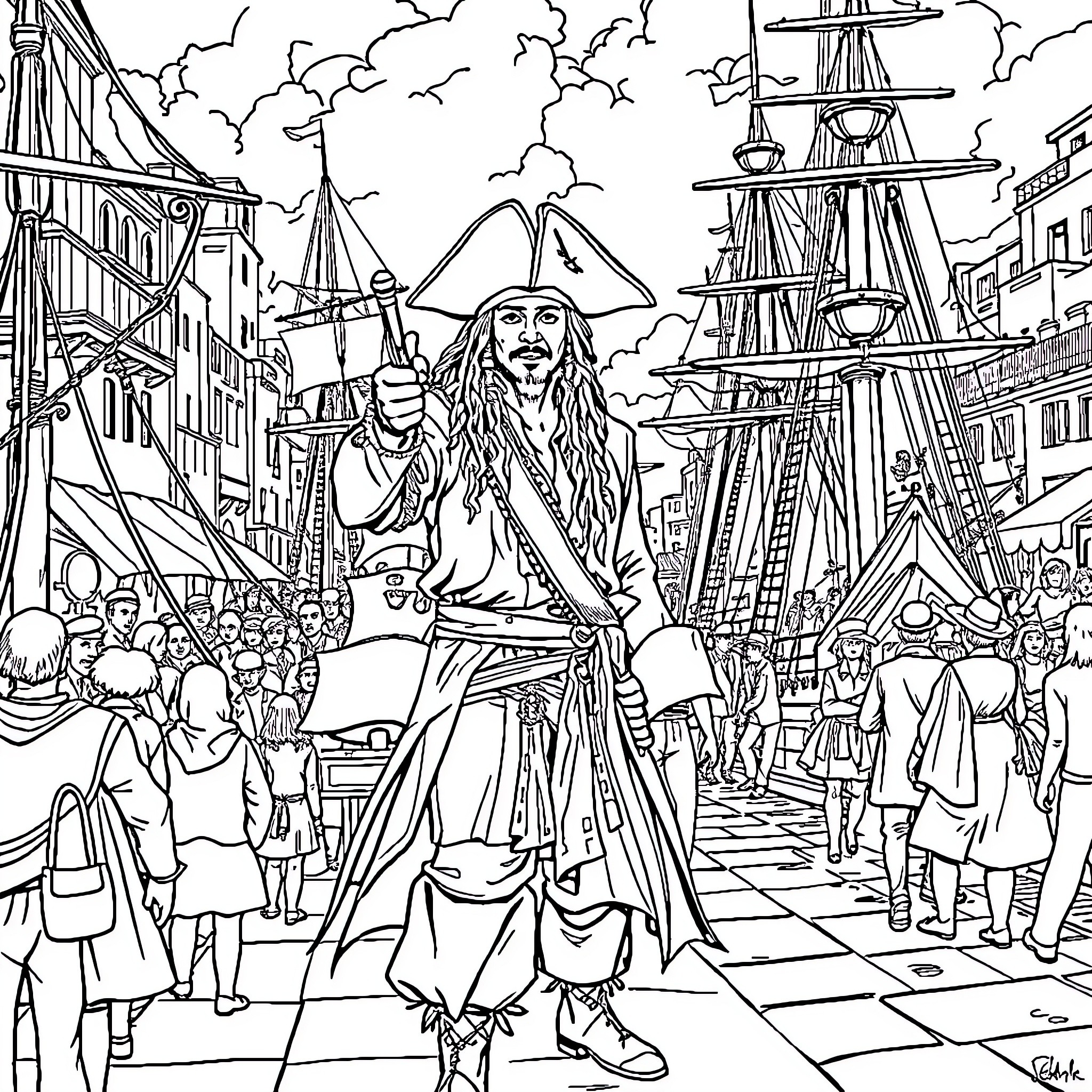 Jack Sparrow Leading a Pirate Crew in a Crowded Harbor Coloring Page (free black-and-white line drawing printable PDF for all, from beginners to advanced learners, including children, teens, adults, and seniors)