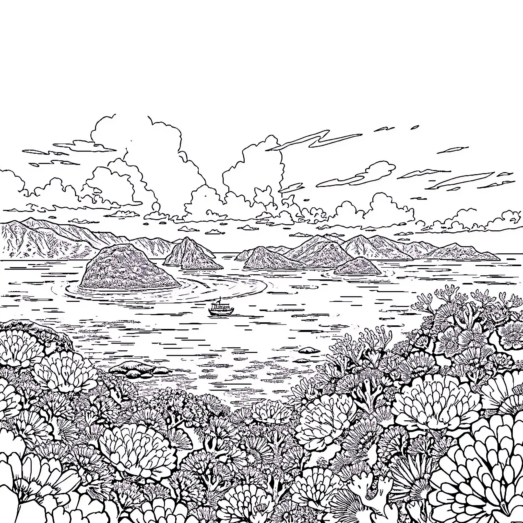 Raja Ampat Seascape with Lush Coral Reef Coloring Page (free black-and-white line drawing printable PDF for all, from beginners to advanced learners, including children, teens, adults, and seniors)