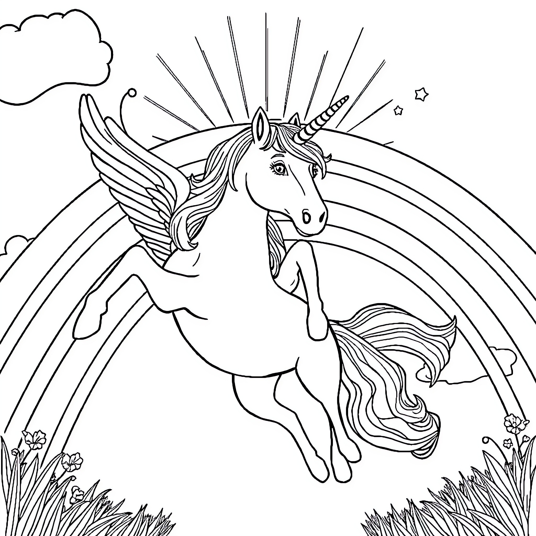 Unicorn Flying Majestically in the Sky Coloring Page (free black-and-white line drawing printable PDF for all, from beginners to advanced learners, including children, teens, adults, and seniors)