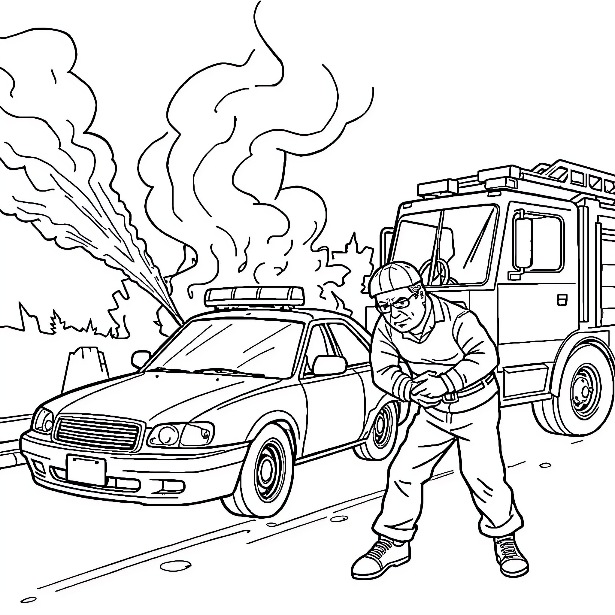 Police Car Responding to Emergency Situation Coloring Page (free black-and-white line drawing printable PDF for all, from beginners to advanced learners, including children, teens, adults, and seniors)