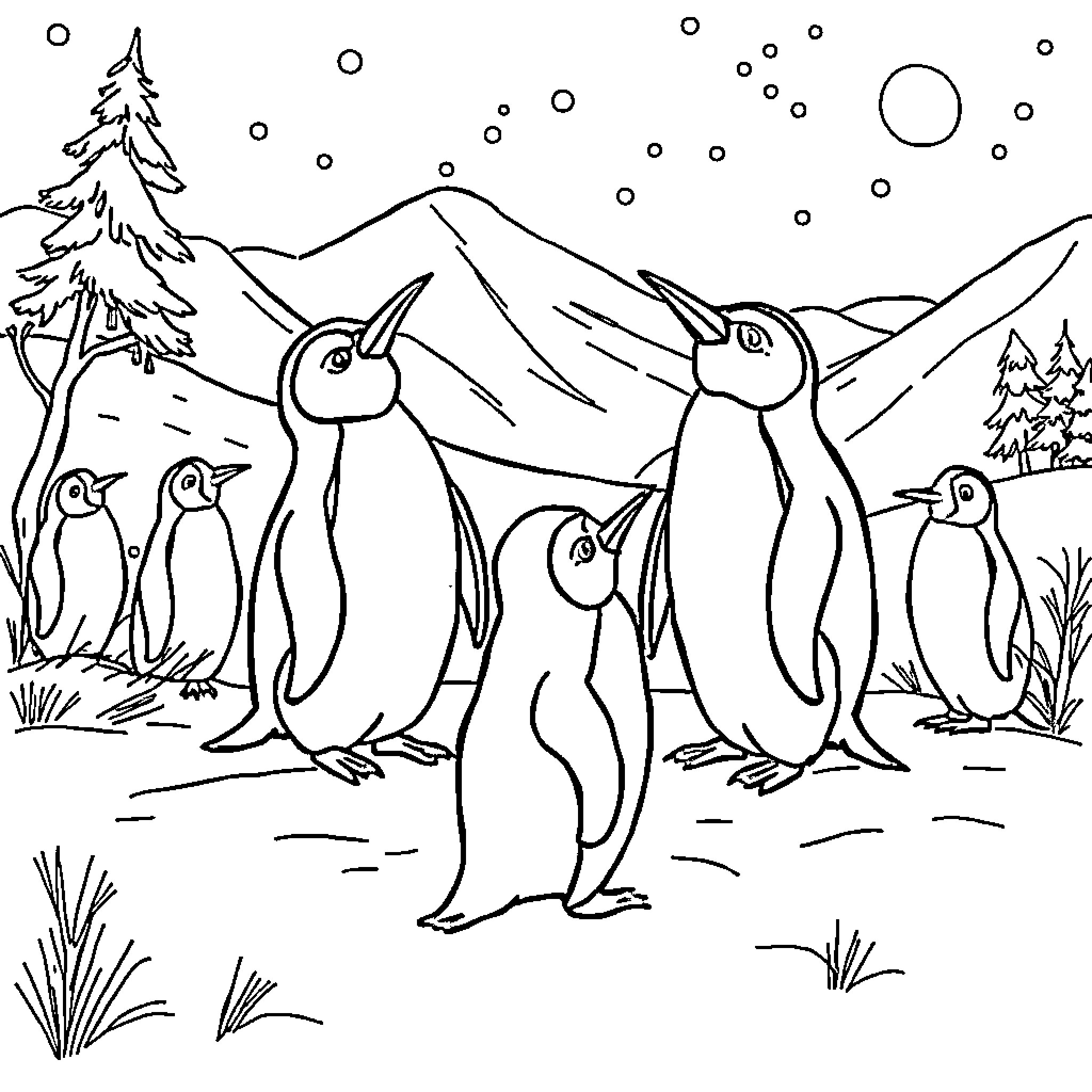 Lutins penguins in a snowy landscape Coloring Page (free black-and-white line drawing printable PDF for all, from beginners to advanced learners, including children, teens, adults, and seniors)
