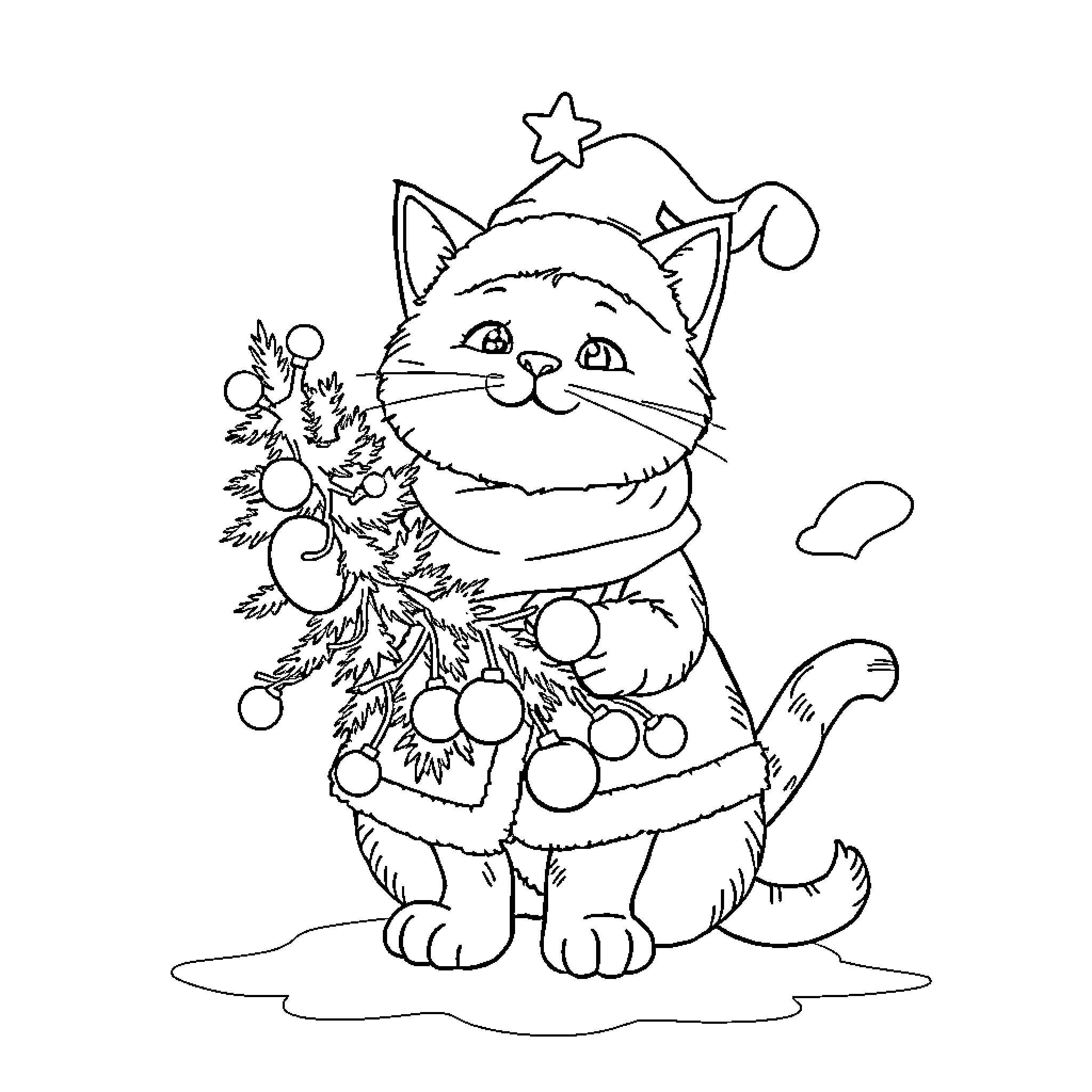 Cat in festive holiday outfit with wreath Coloring Page (free black-and-white line drawing printable PDF for all, from beginners to advanced learners, including children, teens, adults, and seniors)