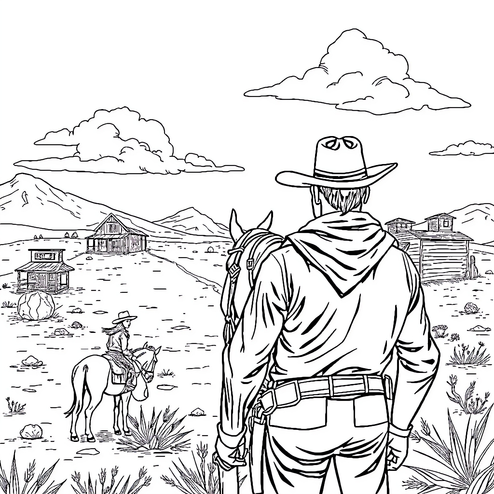 Cowboy surveying the rugged western landscape Coloring Page (free black-and-white line drawing printable PDF for all, from beginners to advanced learners, including children, teens, adults, and seniors)