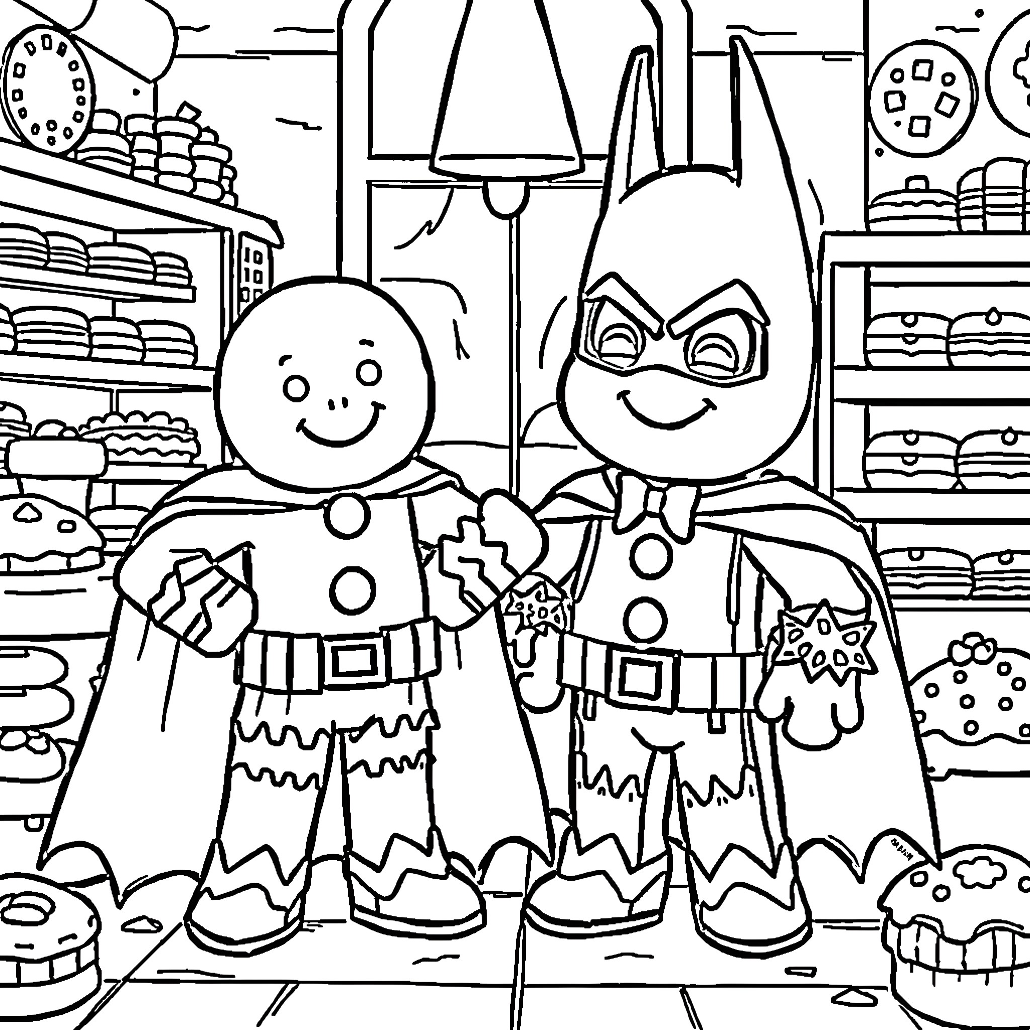 Gingerbread Man Pair in Whimsical Bakeshop Coloring Page (free black-and-white line drawing printable PDF for all, from beginners to advanced learners, including children, teens, adults, and seniors)