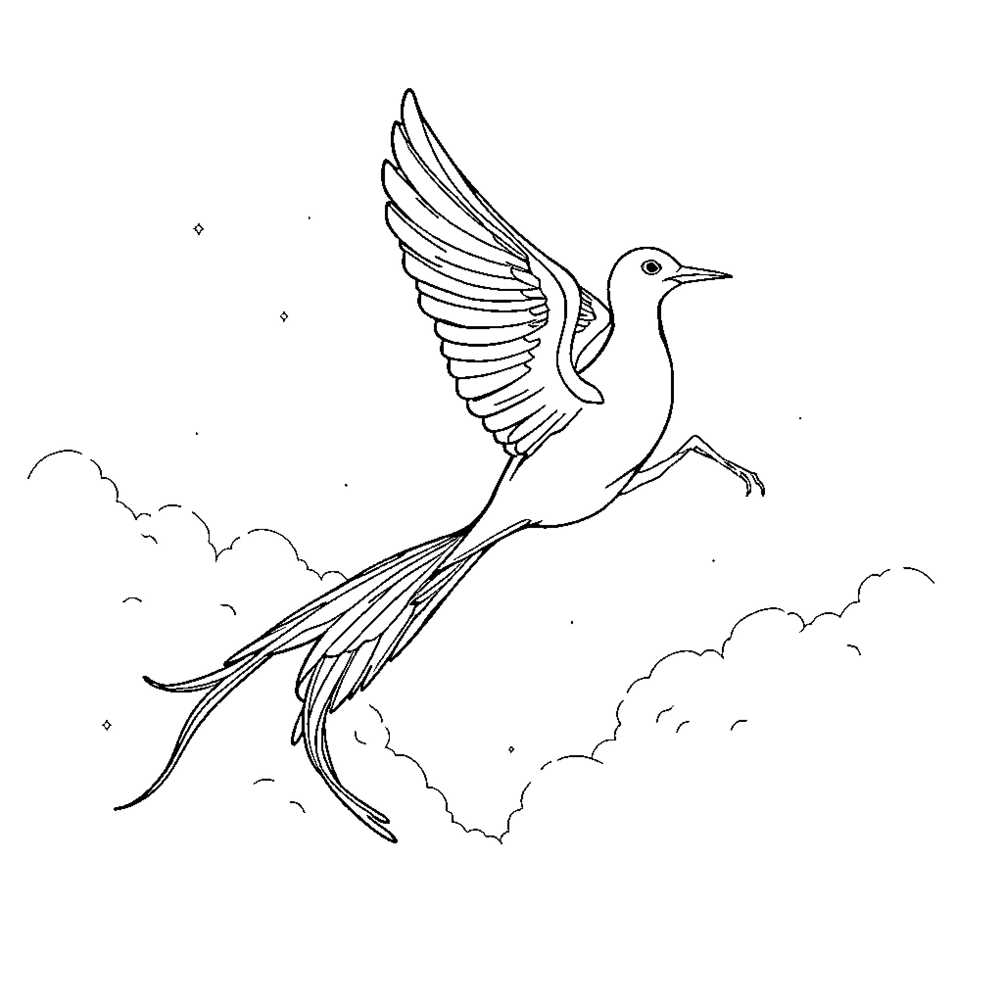 Unicorn bird soaring gracefully through the clouds Coloring Page (free black-and-white line drawing printable PDF for all, from beginners to advanced learners, including children, teens, adults, and seniors)