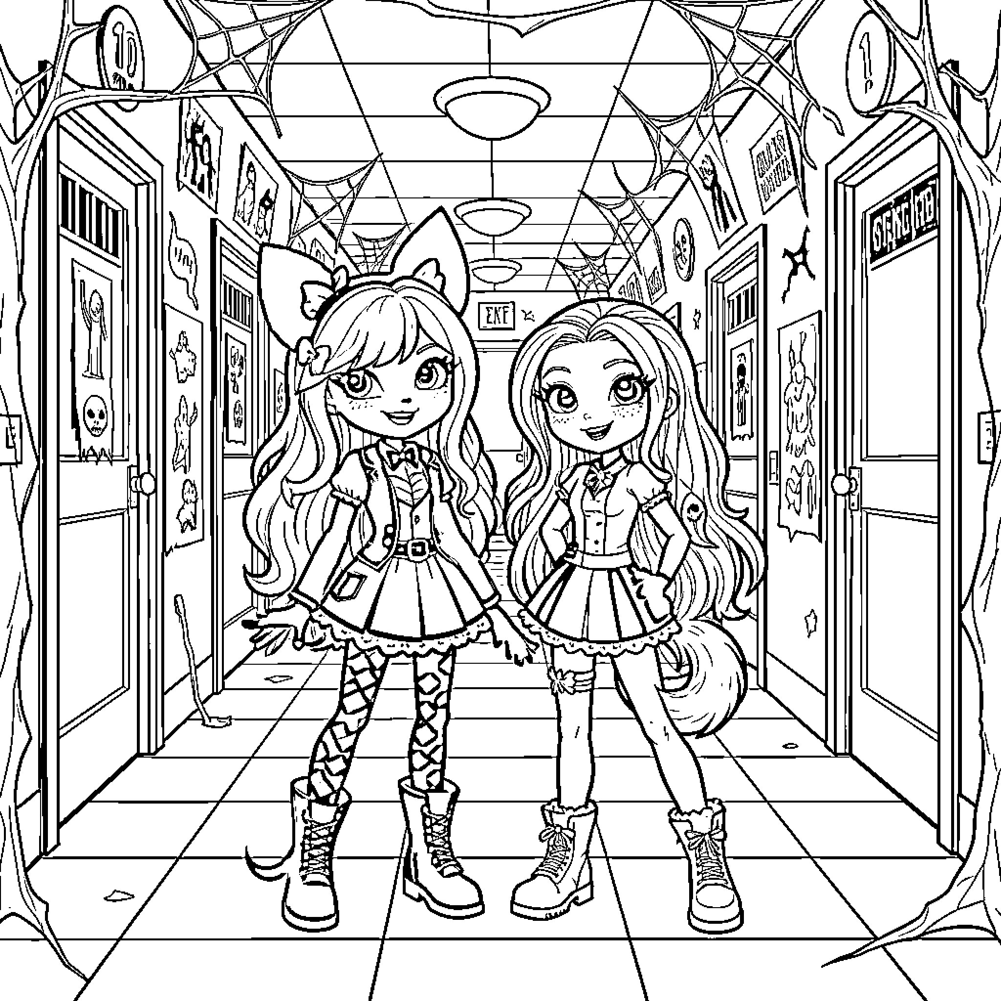 Monster High characters posing in a spooky hallway Coloring Page (free black-and-white line drawing printable PDF for all, from beginners to advanced learners, including children, teens, adults, and seniors)