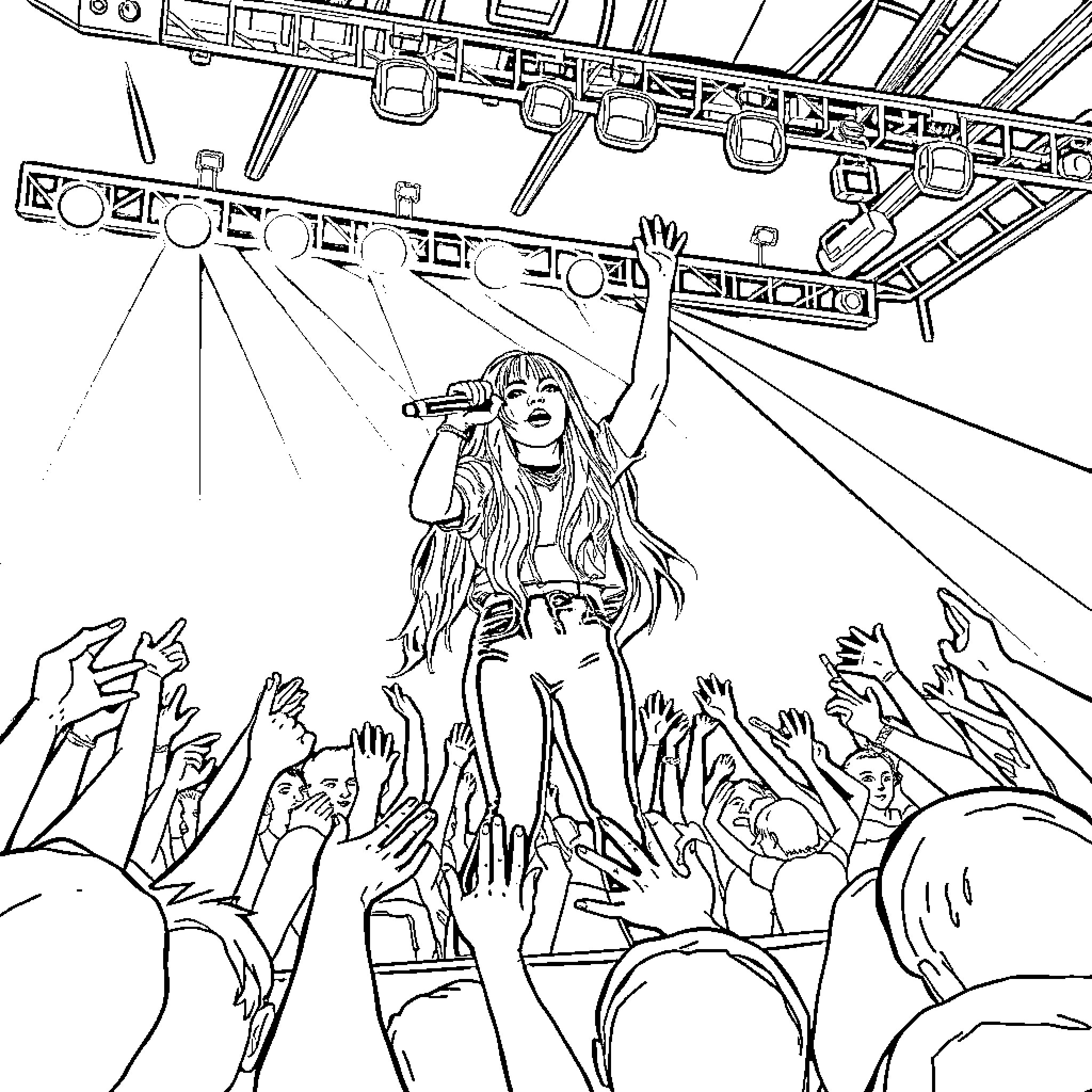 Billie Eilish performing on stage to an energetic crowd Coloring Page (free black-and-white line drawing printable PDF for all, from beginners to advanced learners, including children, teens, adults, and seniors)