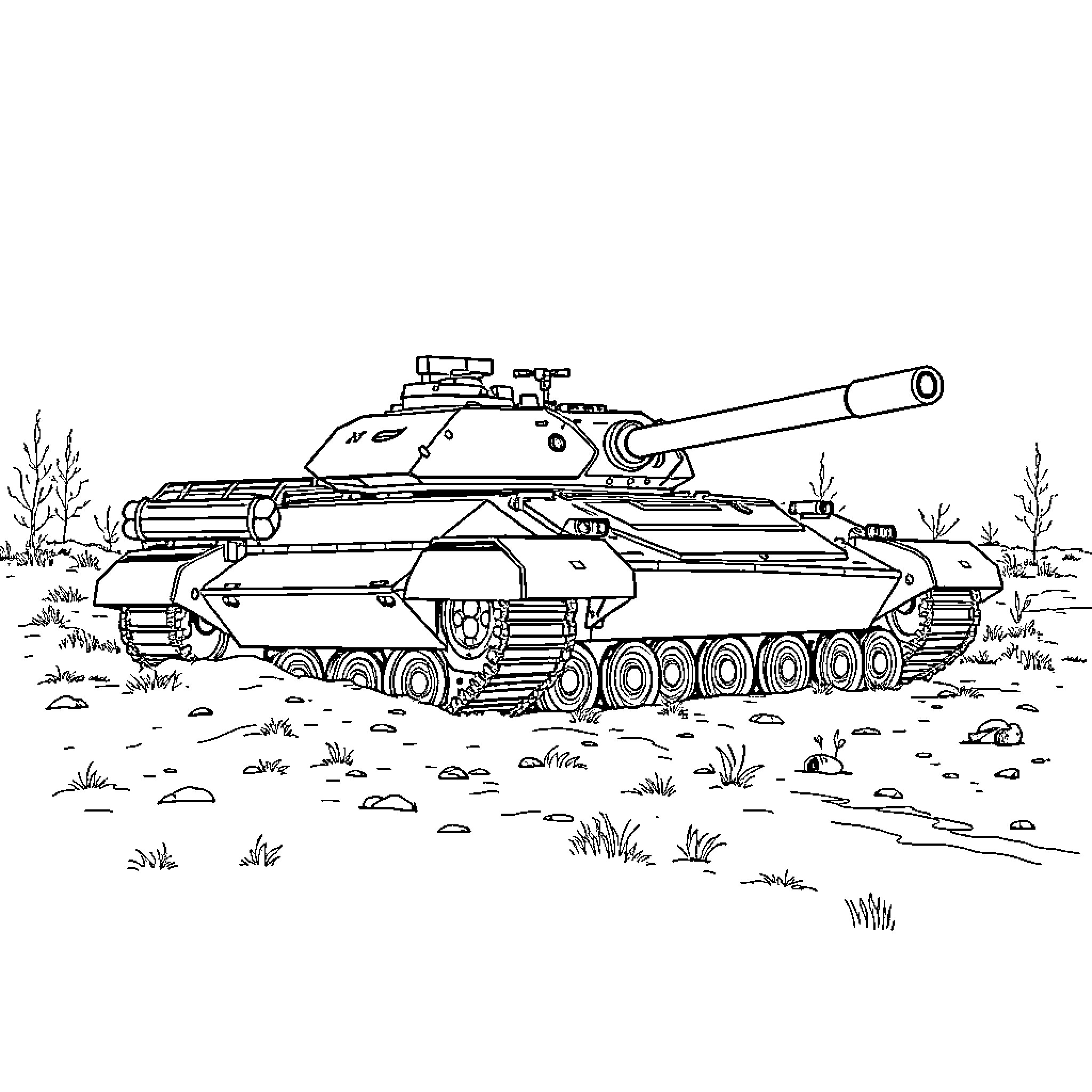 BMP2 Tank on Battlefield with Armored Equipment Coloring Page (free black-and-white line drawing printable PDF for all, from beginners to advanced learners, including children, teens, adults, and seniors)