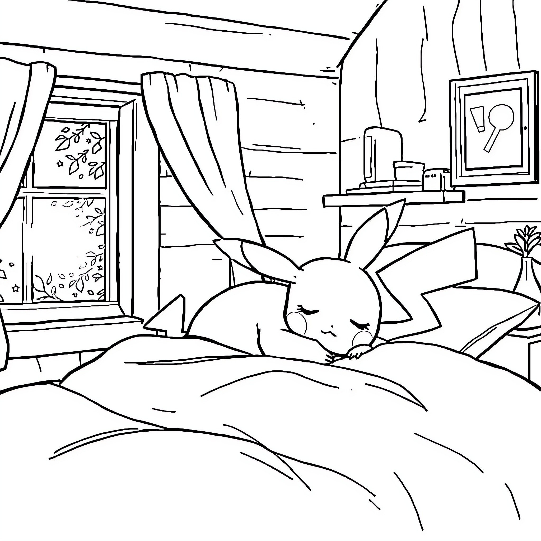 Pikachu resting peacefully in a cozy bedroom Coloring Page (free black-and-white line drawing printable PDF for all, from beginners to advanced learners, including children, teens, adults, and seniors)
