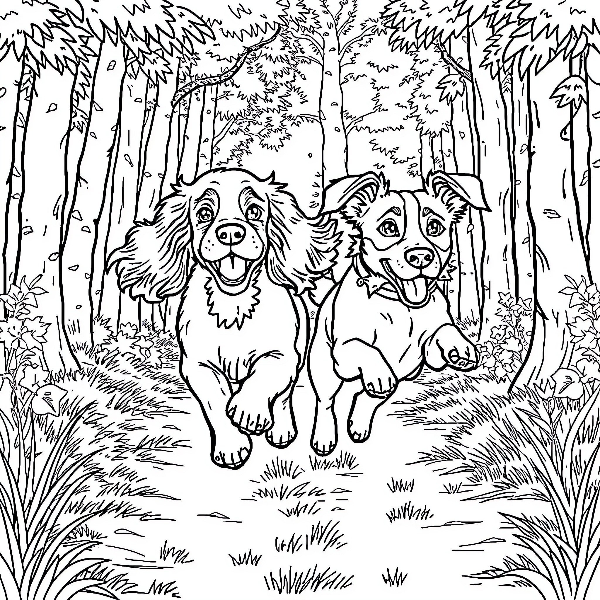 Dog friends exploring the forest Coloring Page (free black-and-white line drawing printable PDF for all, from beginners to advanced learners, including children, teens, adults, and seniors)