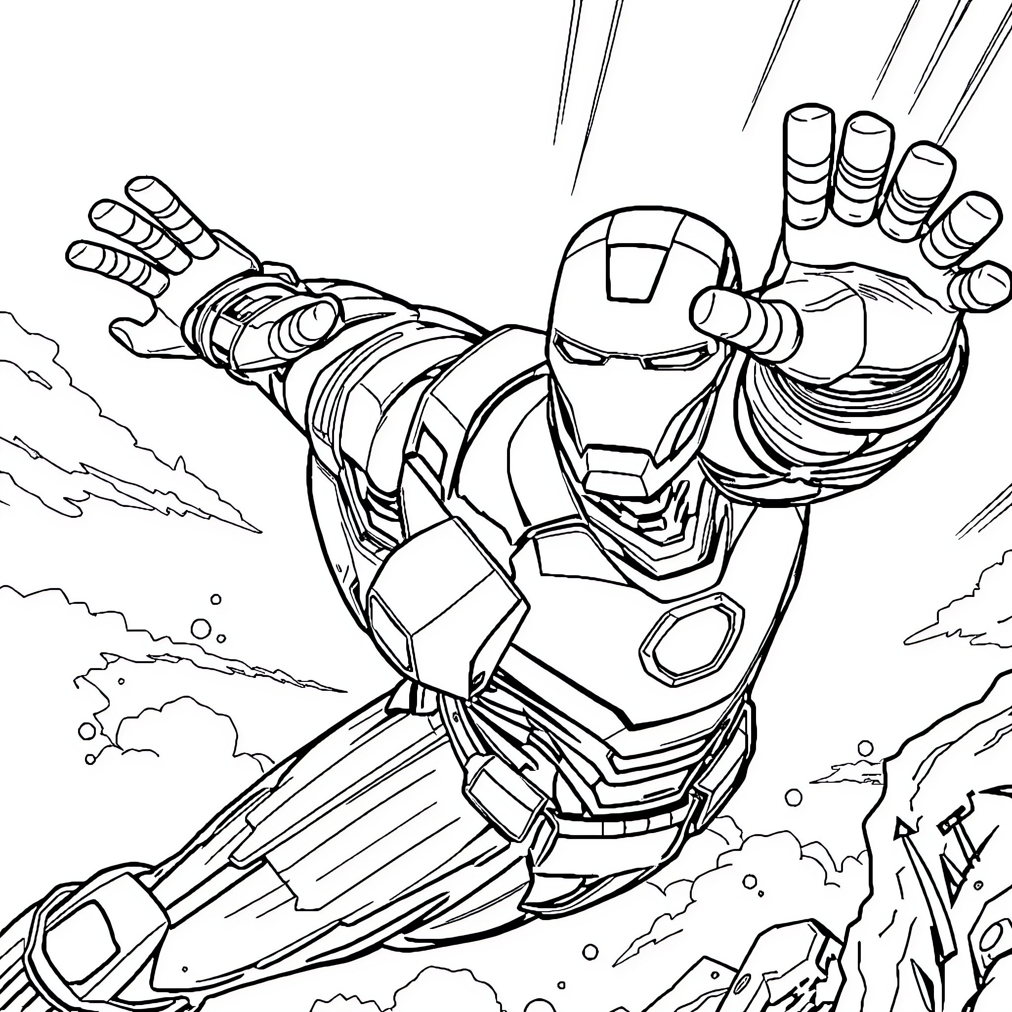 Iron Man soaring through the sky in action Coloring Page (free black-and-white line drawing printable PDF for all, from beginners to advanced learners, including children, teens, adults, and seniors)