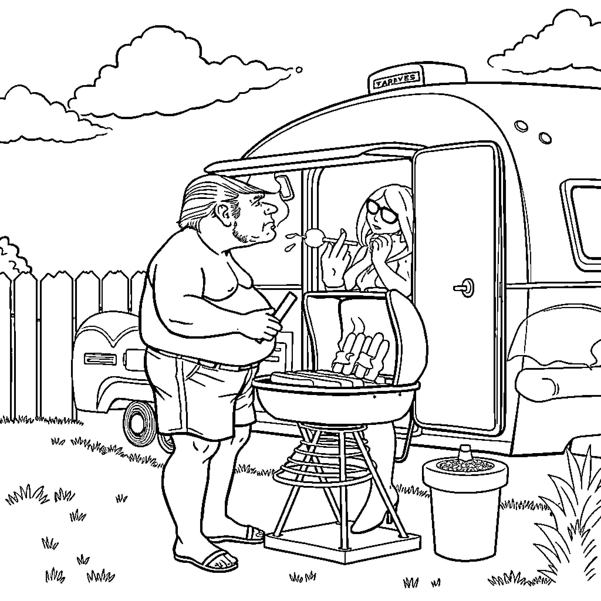 Donald Trump Grilling at a Barbecue in the Countryside Coloring Page (free black-and-white line drawing printable PDF for all, from beginners to advanced learners, including children, teens, adults, and seniors)