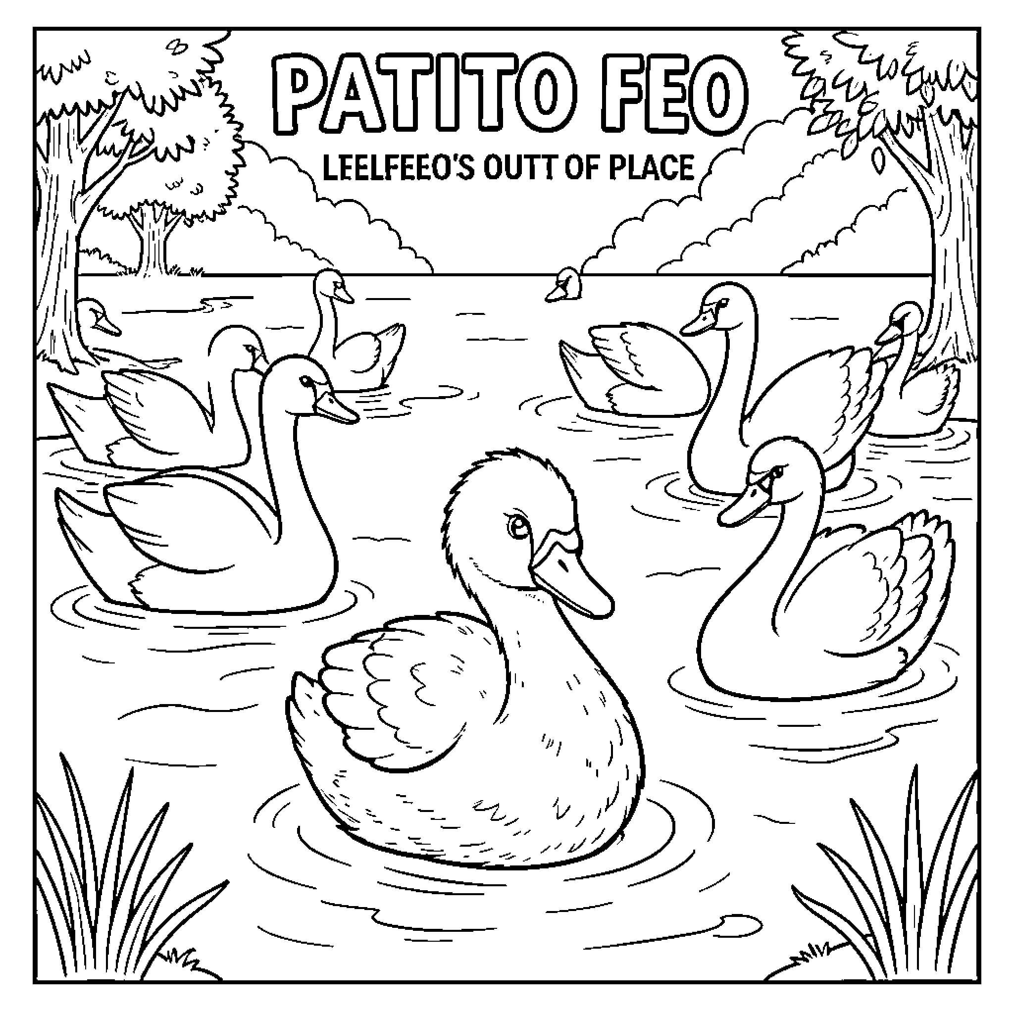 Ugly Duckling Feels Out of Place in the Pond Coloring Page (free black-and-white line drawing printable PDF for all, from beginners to advanced learners, including children, teens, adults, and seniors)