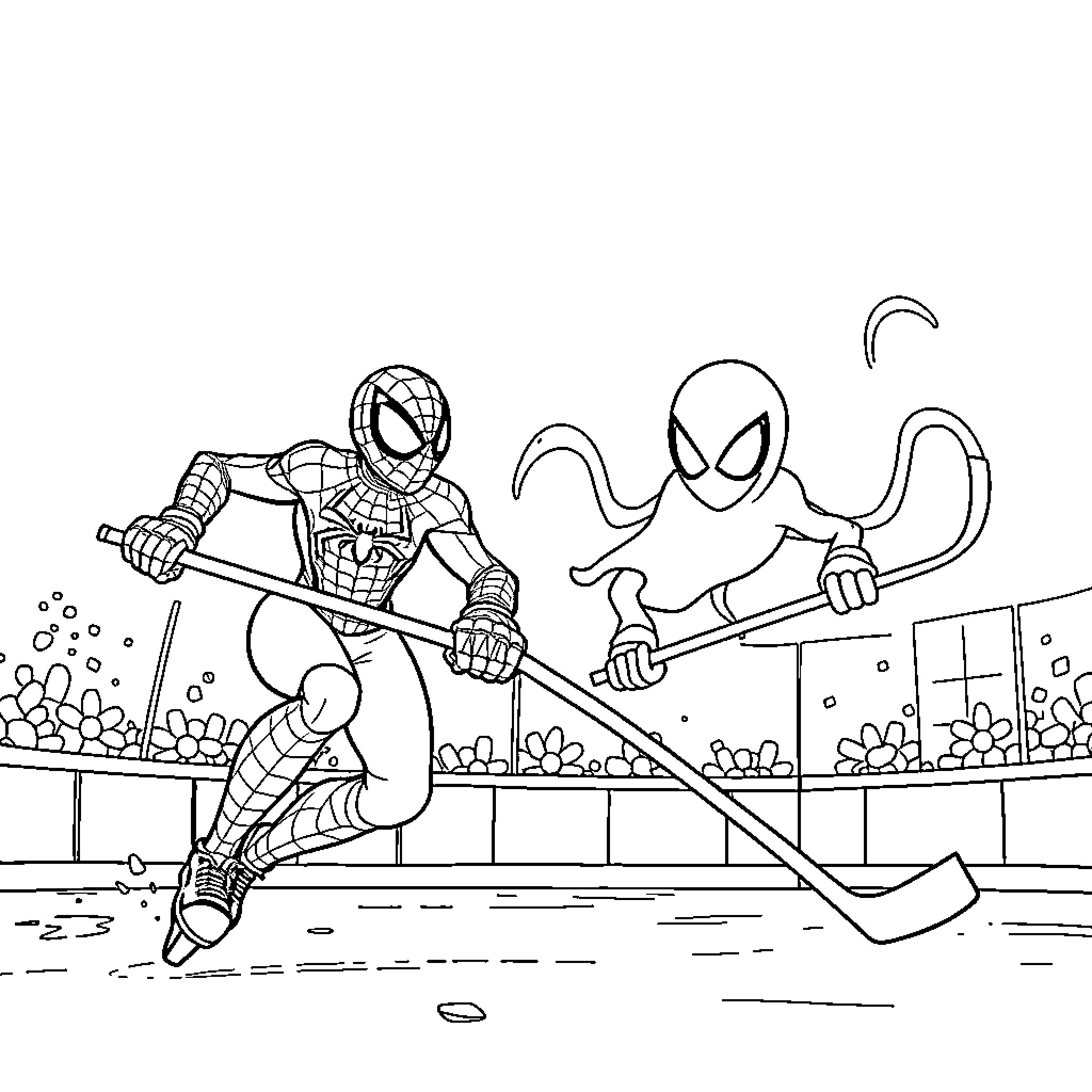 Spider characters playing hockey on the ice rink Coloring Page (free black-and-white line drawing printable PDF for all, from beginners to advanced learners, including children, teens, adults, and seniors)