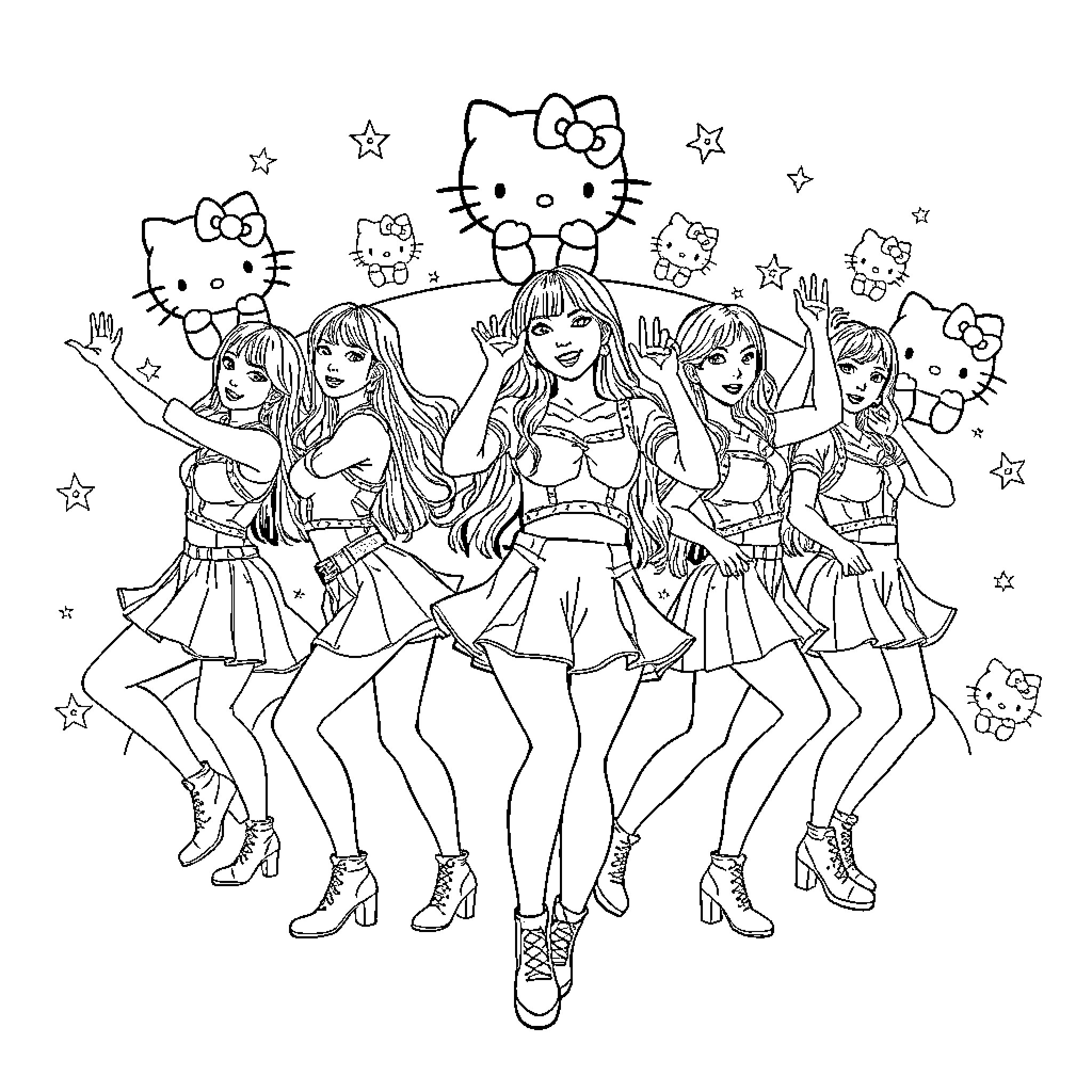 Kpop idols dancing and posing with Hello Kitty Coloring Page (free black-and-white line drawing printable PDF for all, from beginners to advanced learners, including children, teens, adults, and seniors)