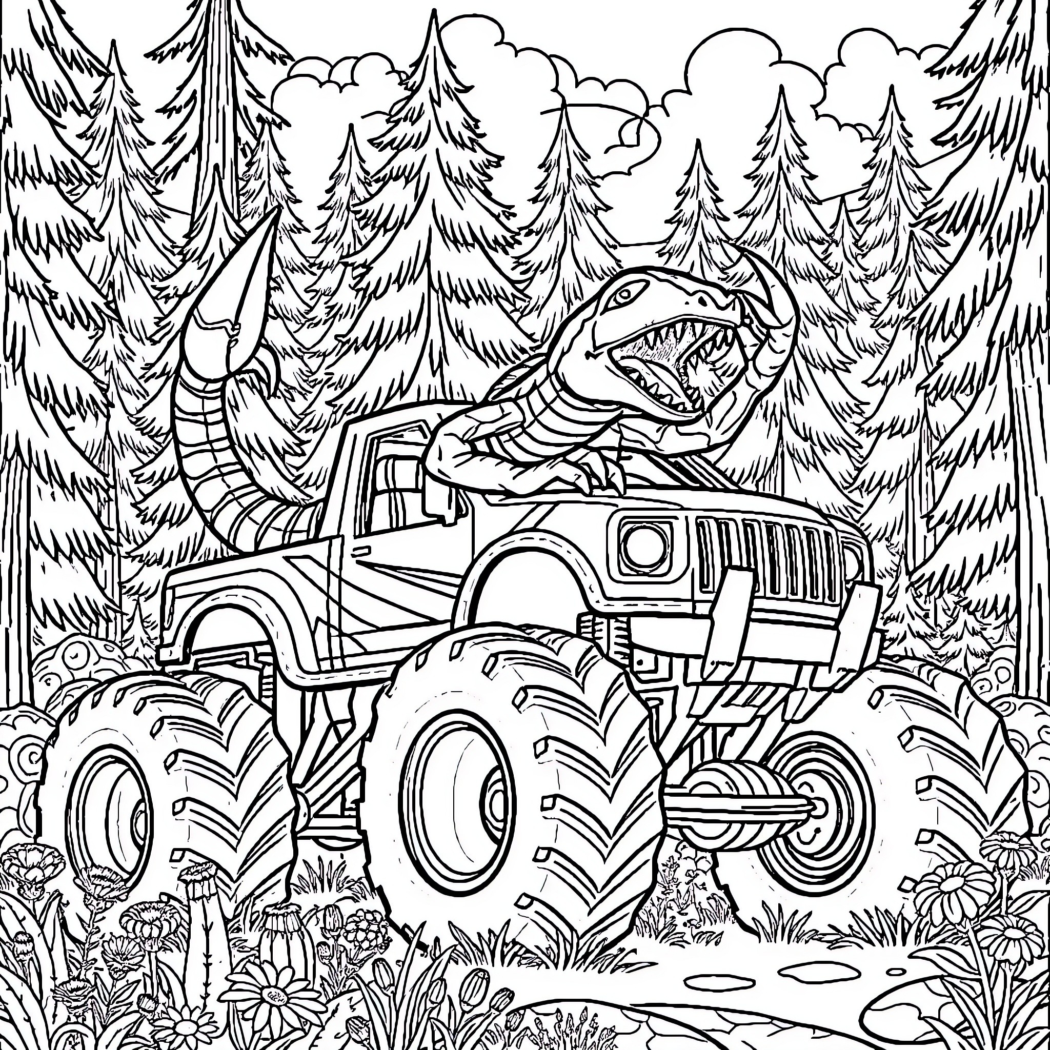Scorpion Monster Truck Crushing through Forest Coloring Page (free black-and-white line drawing printable PDF for all, from beginners to advanced learners, including children, teens, adults, and seniors)