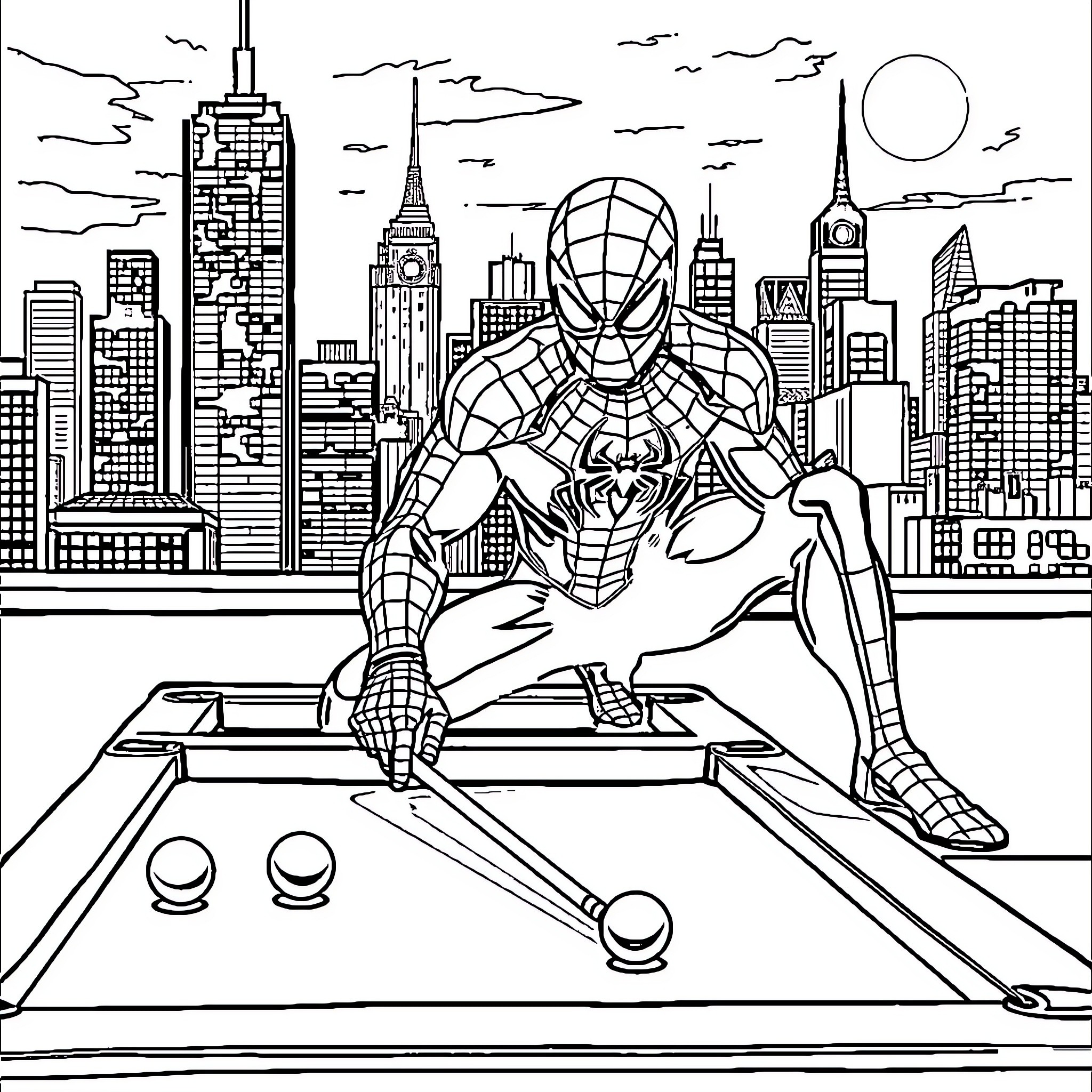 Spiderman overlooking the city skyline Coloring Page (free black-and-white line drawing printable PDF for all, from beginners to advanced learners, including children, teens, adults, and seniors)