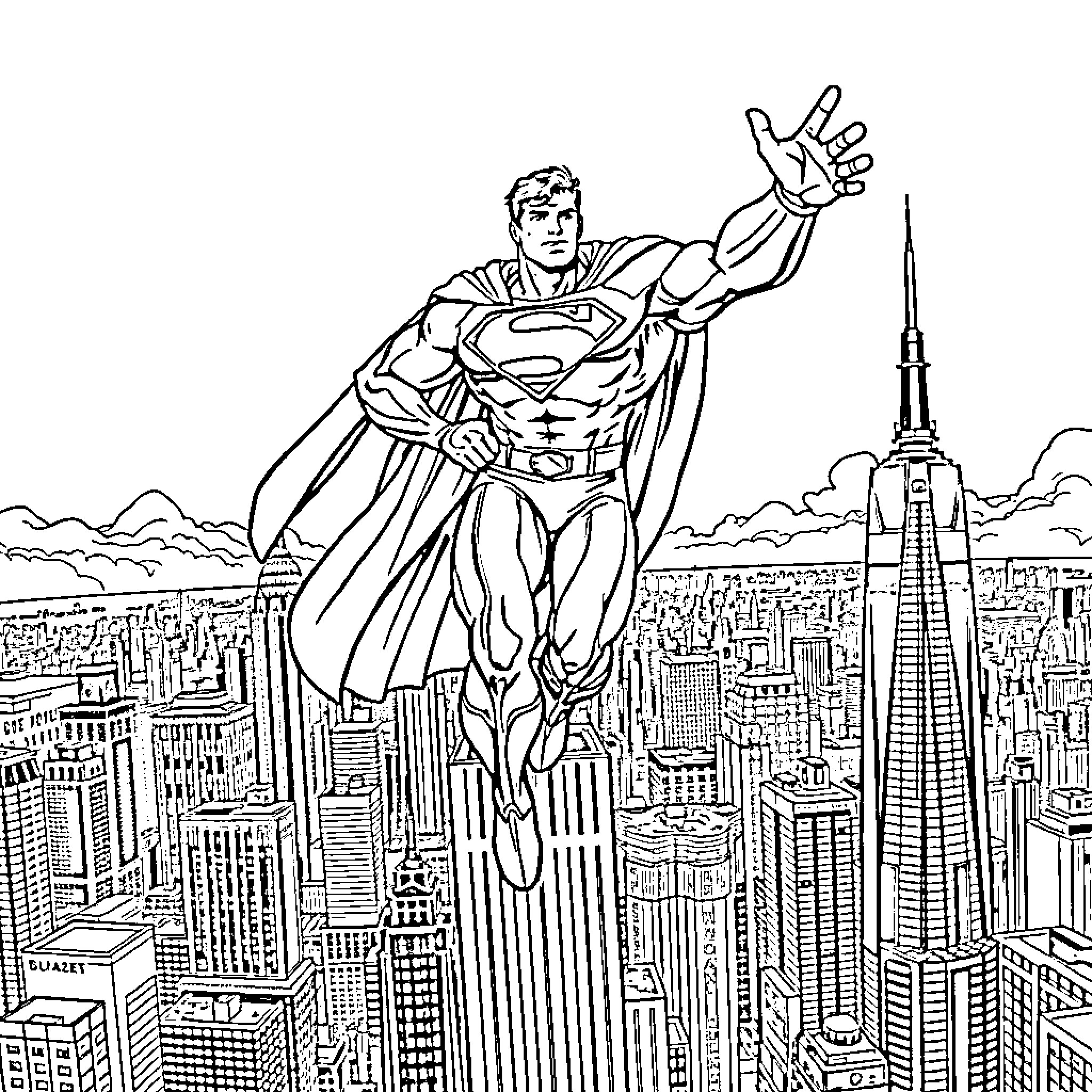 Superman soaring over the cityscape Coloring Page (free black-and-white line drawing printable PDF for all, from beginners to advanced learners, including children, teens, adults, and seniors)
