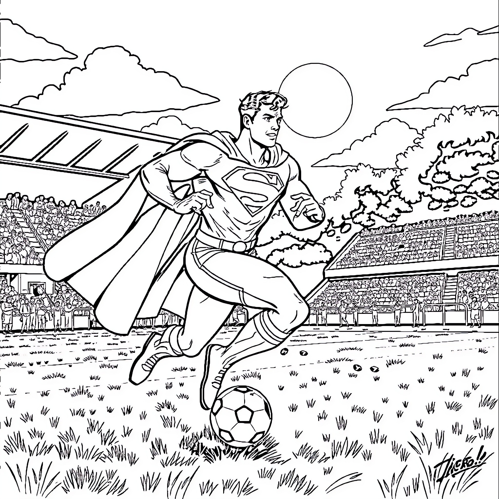 Superman playing soccer in a grand stadium Coloring Page (free black-and-white line drawing printable PDF for all, from beginners to advanced learners, including children, teens, adults, and seniors)