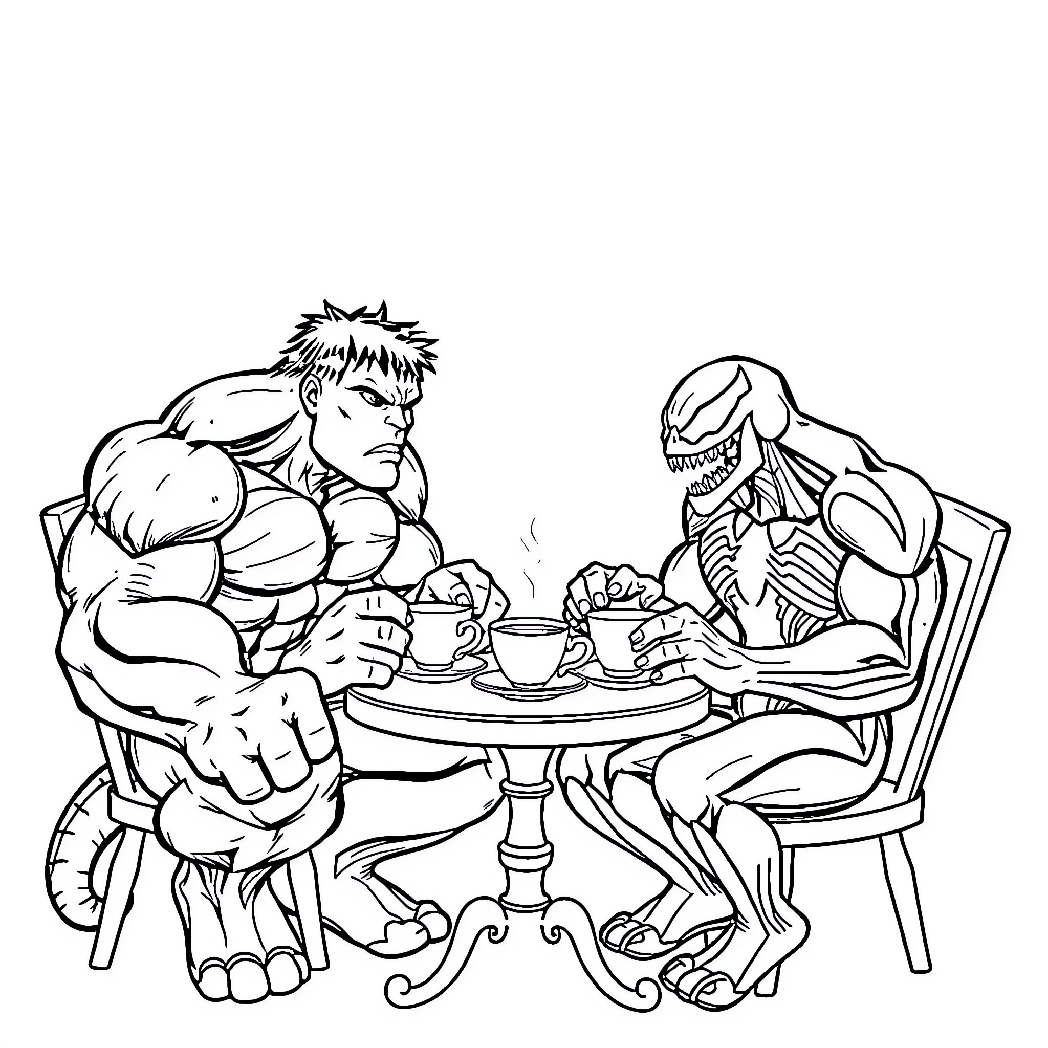 Hulk enjoying tea time with a monstrous companion Coloring Page (free black-and-white line drawing printable PDF for all, from beginners to advanced learners, including children, teens, adults, and seniors)