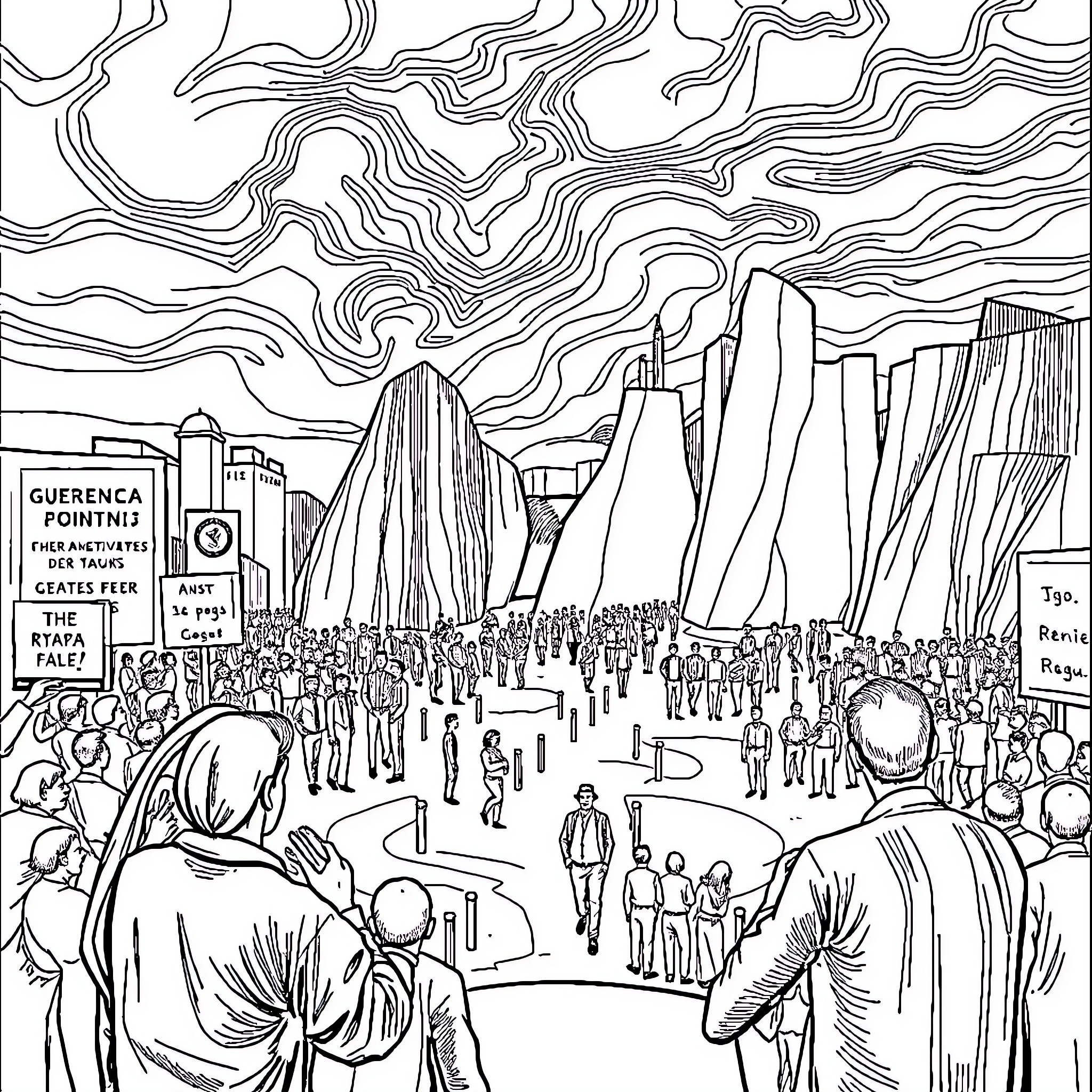 Guernica: Depiction of Chaos, Struggle, and Resistance Coloring Page (free black-and-white line drawing printable PDF for all, from beginners to advanced learners, including children, teens, adults, and seniors)