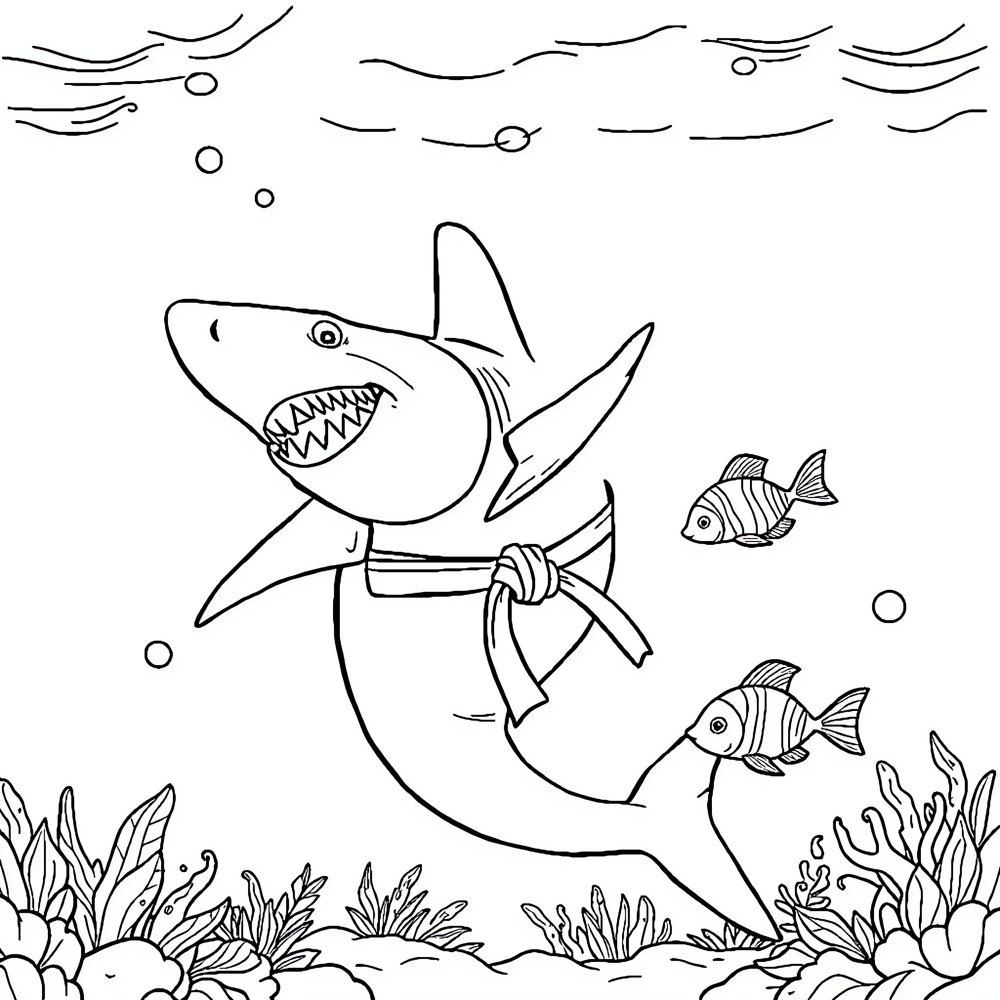 Shark swimming with small fish in underwater scene Coloring Page (free black-and-white line drawing printable PDF for all, from beginners to advanced learners, including children, teens, adults, and seniors)