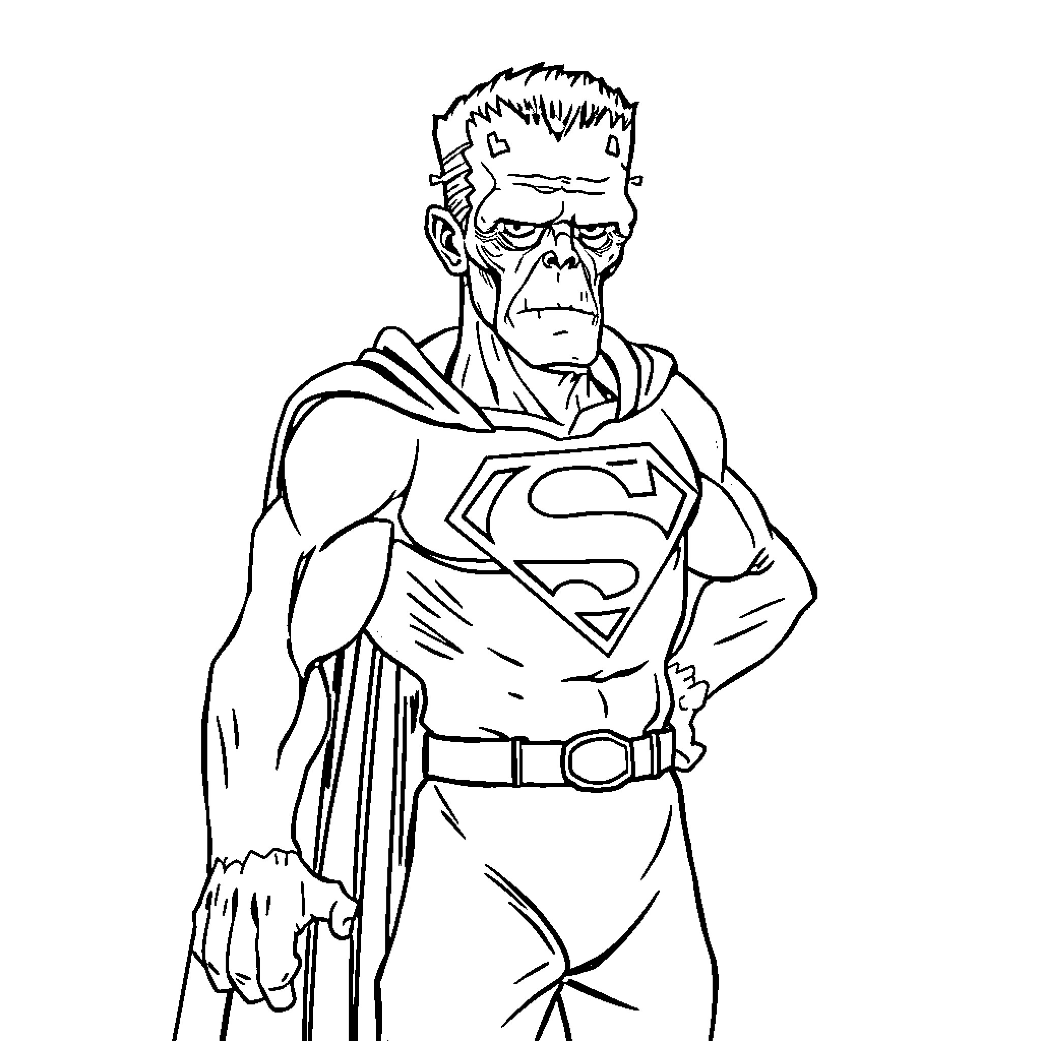 Frankenstein's Monstrous Superhero Transformation Coloring Page (free black-and-white line drawing printable PDF for all, from beginners to advanced learners, including children, teens, adults, and seniors)
