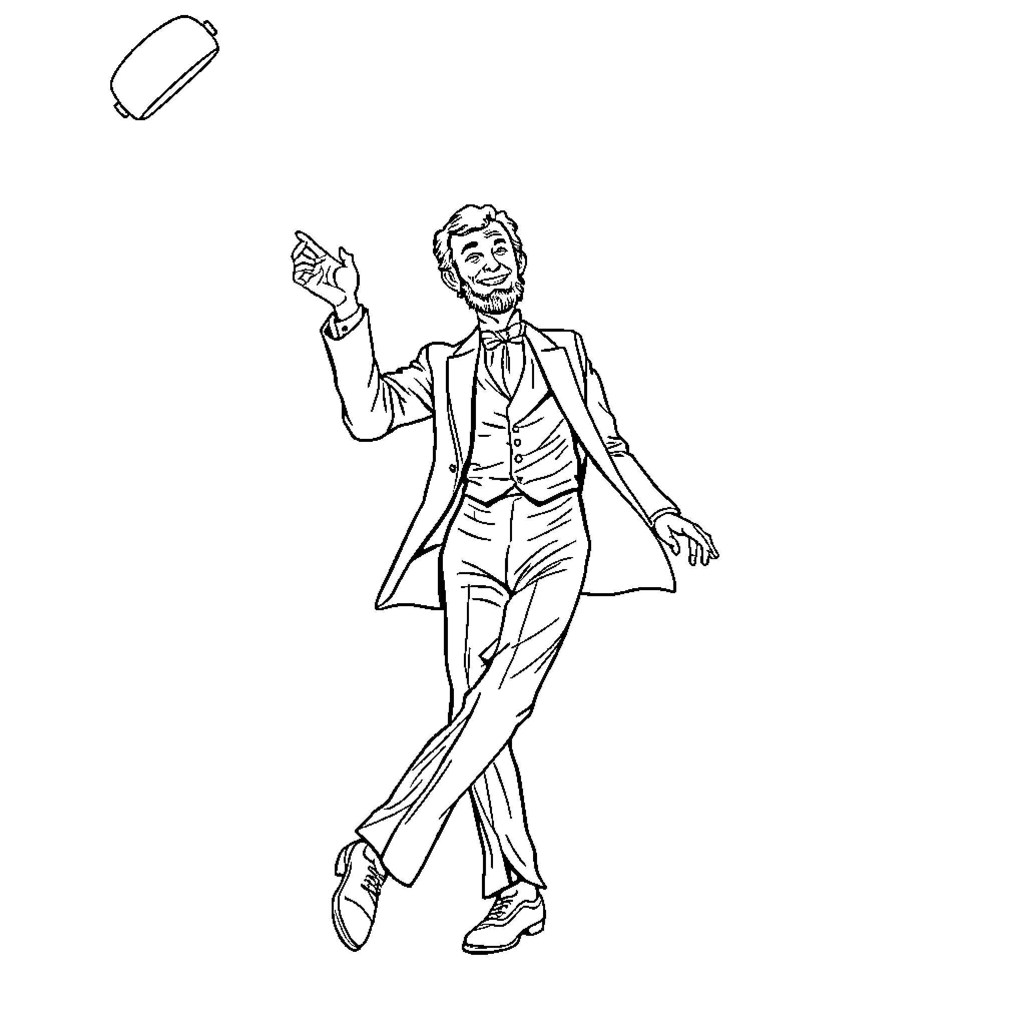 Abraham Lincoln dancing and pointing joyfully Coloring Page (free black-and-white line drawing printable PDF for all, from beginners to advanced learners, including children, teens, adults, and seniors)