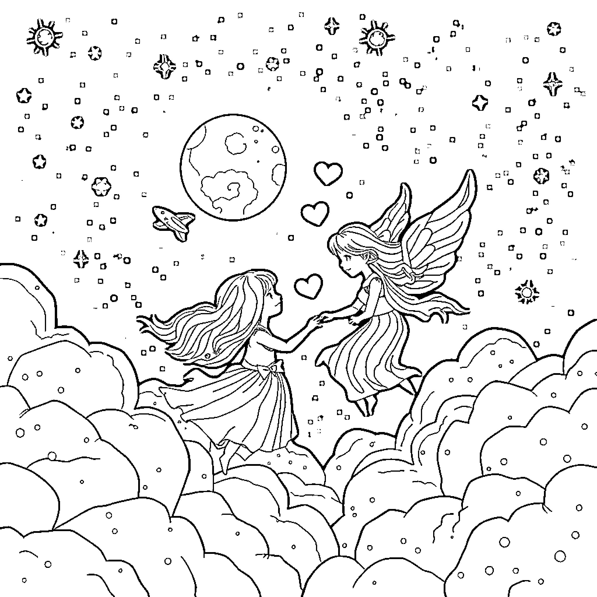 Lovers dancing among the stars and clouds Coloring Page (free black-and-white line drawing printable PDF for all, from beginners to advanced learners, including children, teens, adults, and seniors)