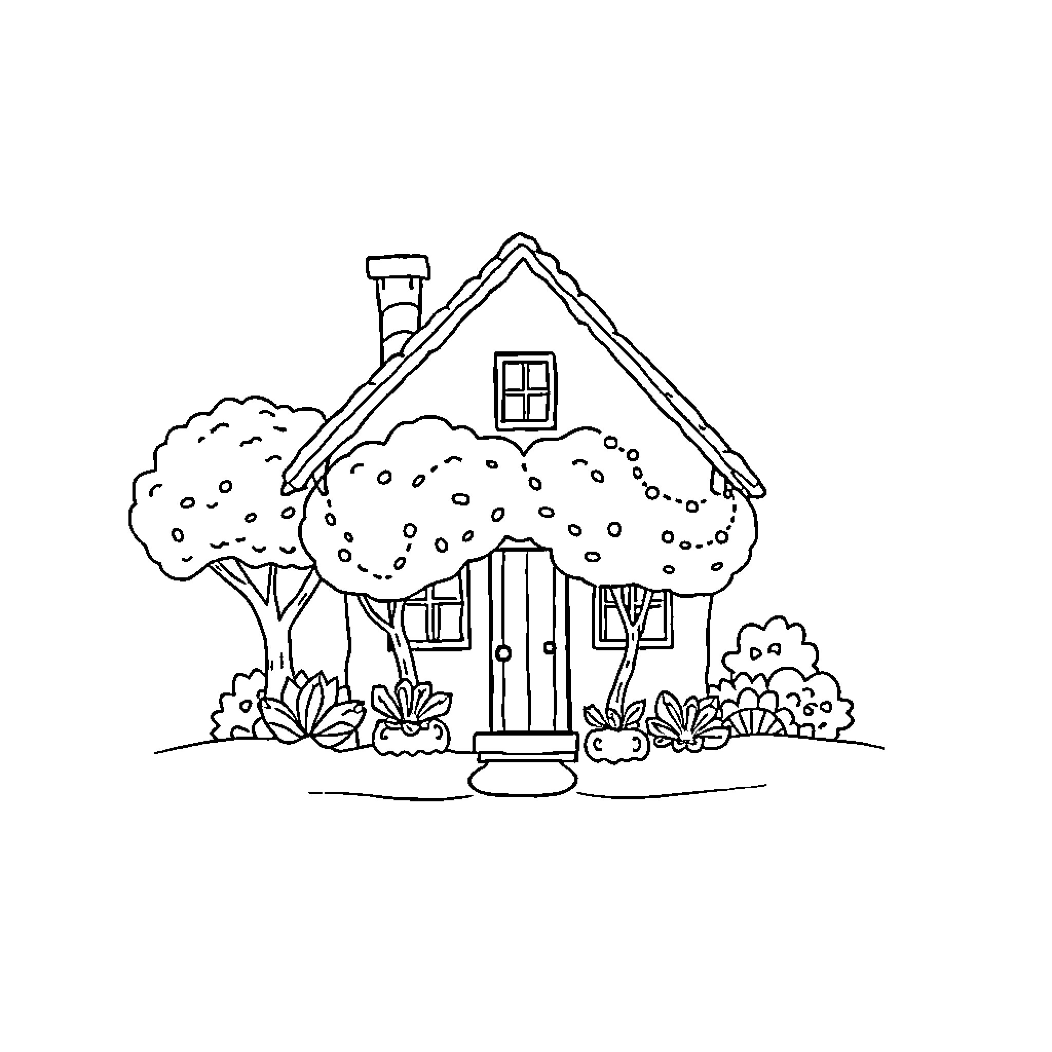 House with Charming Garden Scenery Coloring Page (free black-and-white line drawing printable PDF for all, from beginners to advanced learners, including children, teens, adults, and seniors)