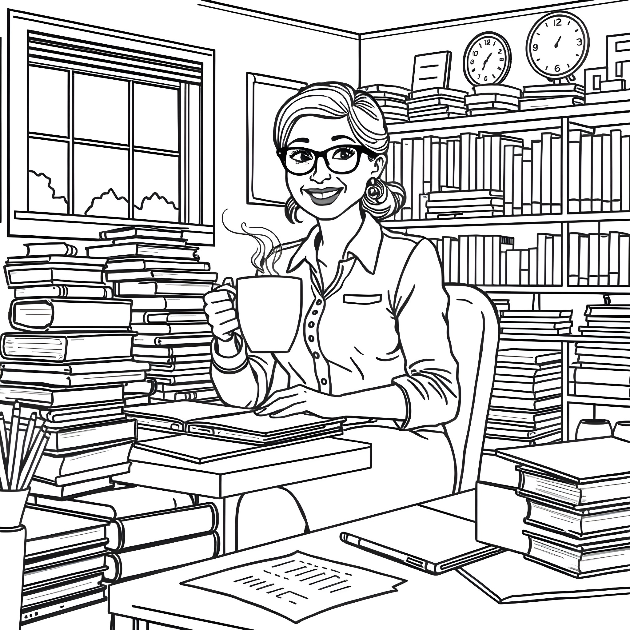 Teacher working diligently in her classroom Coloring Page (free black-and-white line drawing printable PDF for all, from beginners to advanced learners, including children, teens, adults, and seniors)