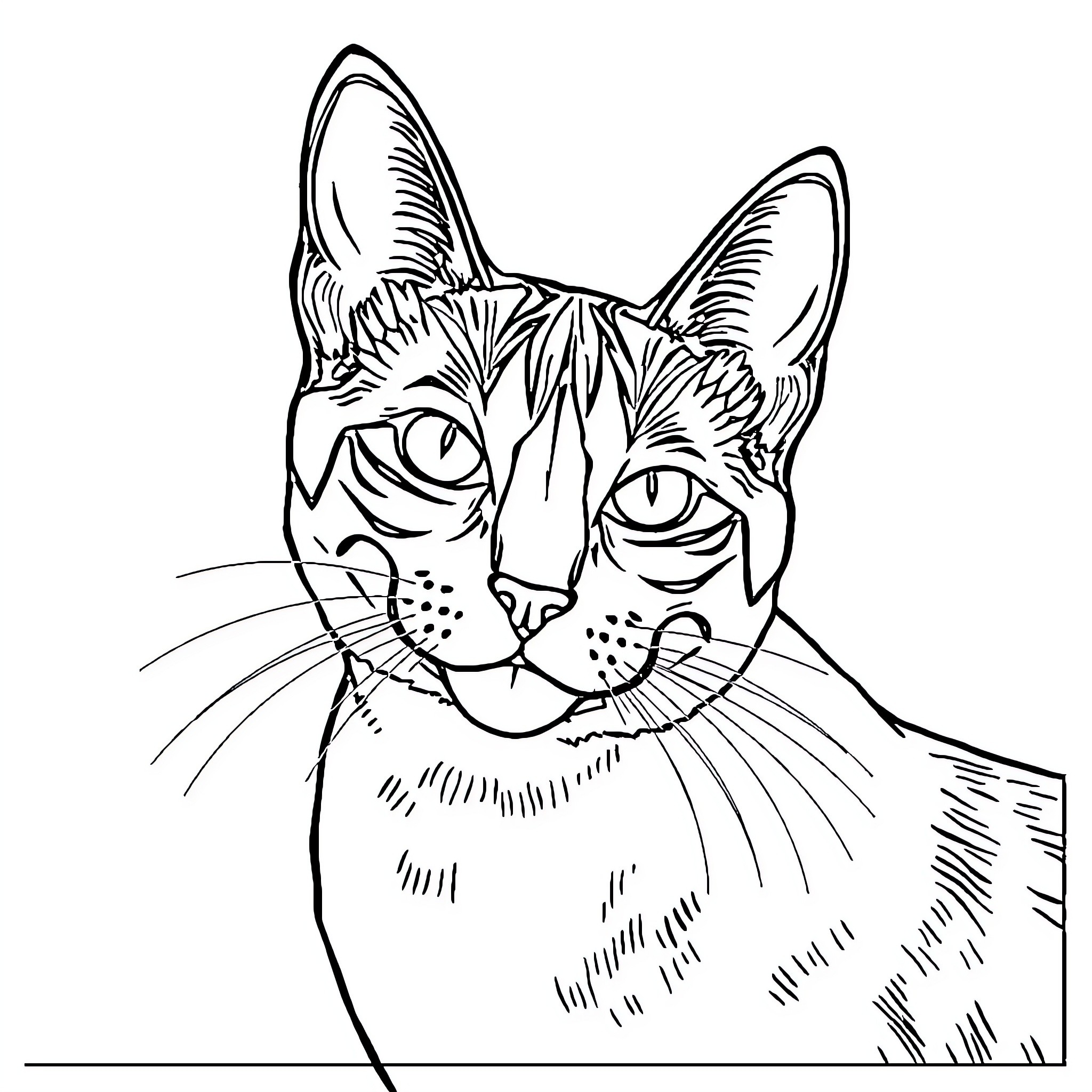 Rex's Curious Cat Gaze Coloring Page (free black-and-white line drawing printable PDF for all, from beginners to advanced learners, including children, teens, adults, and seniors)