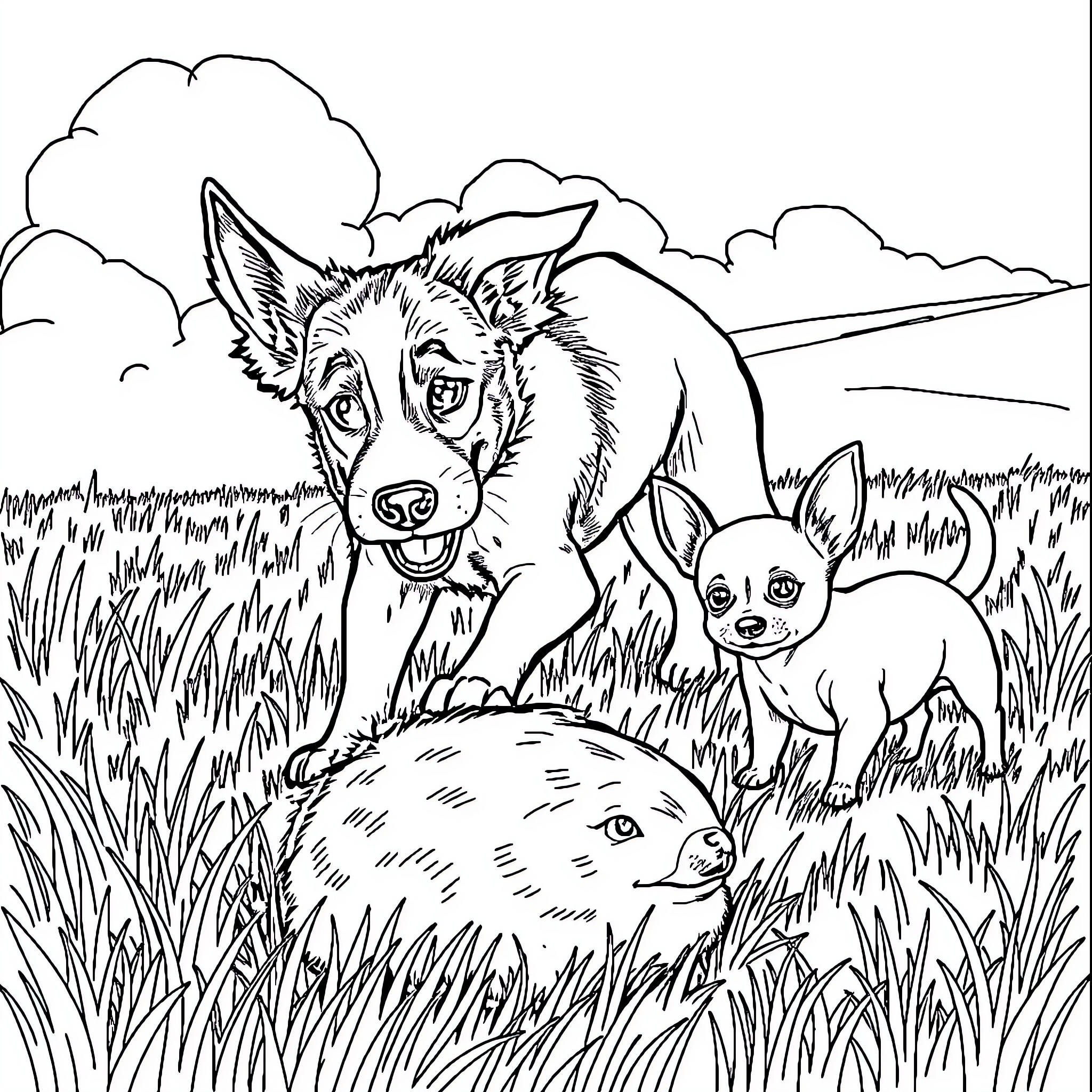 Dog and Puppies Playing in the Countryside Coloring Page (free black-and-white line drawing printable PDF for all, from beginners to advanced learners, including children, teens, adults, and seniors)