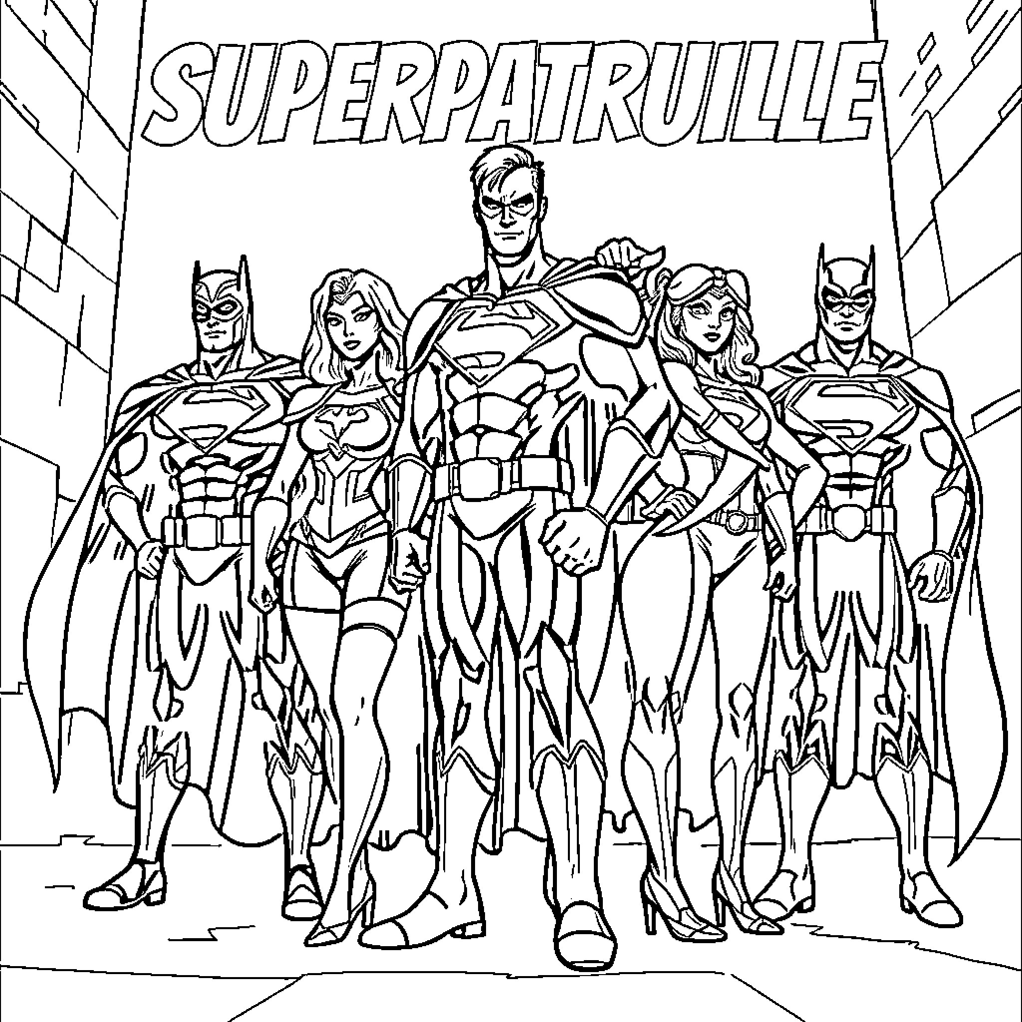 Superpatrouille: Superheroes Assembled for Action Coloring Page (free black-and-white line drawing printable PDF for all, from beginners to advanced learners, including children, teens, adults, and seniors)