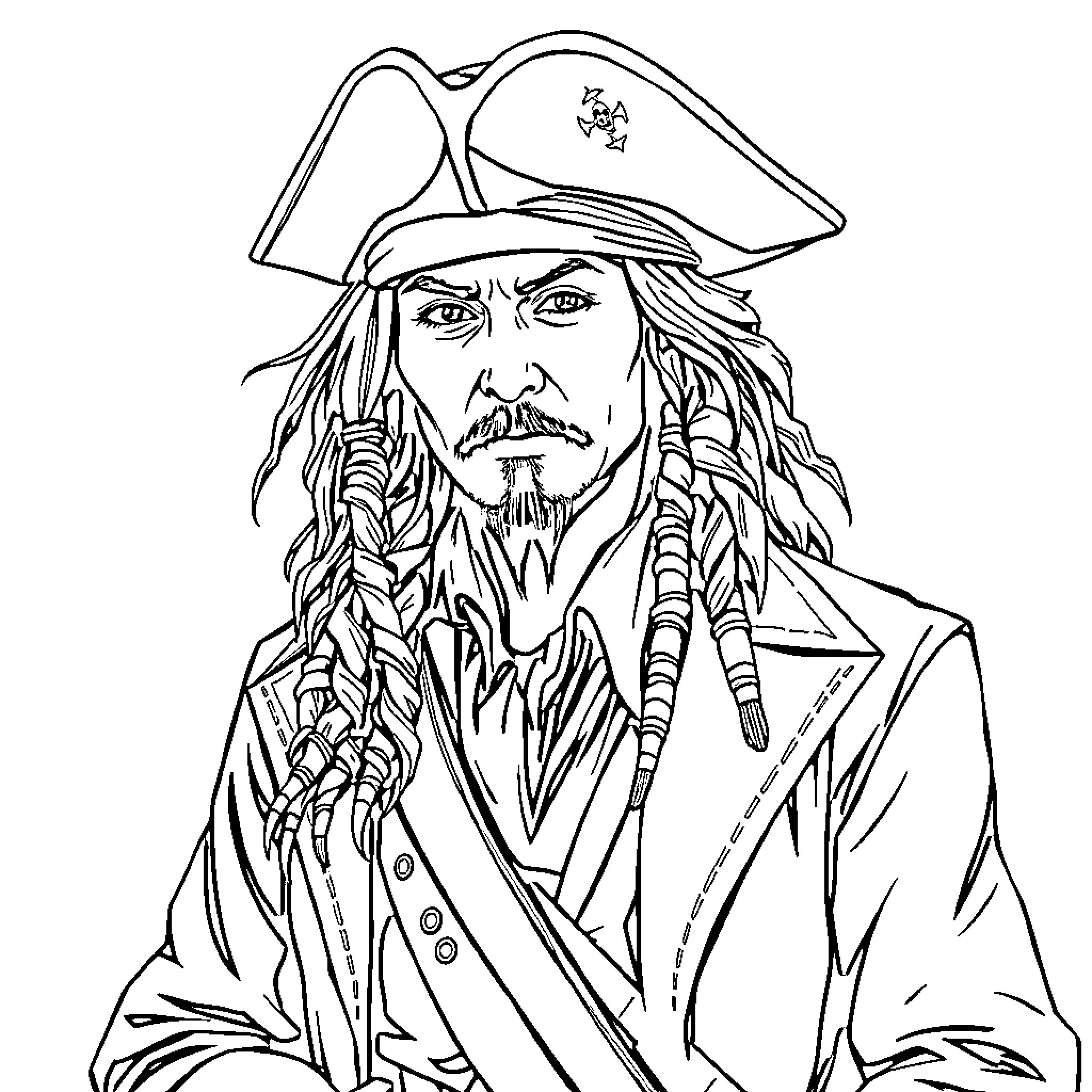 Jack Sparrow's Pirate Adventure Coloring Page (free black-and-white line drawing printable PDF for all, from beginners to advanced learners, including children, teens, adults, and seniors)