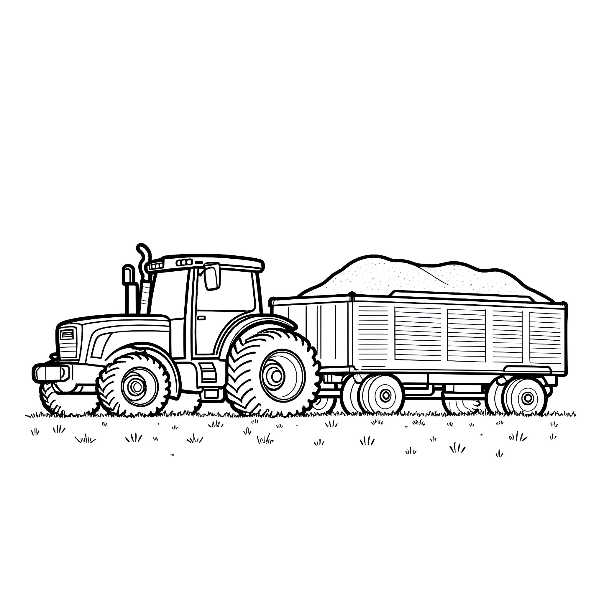 Tractor hauling a trailer through the countryside Coloring Page (free black-and-white line drawing printable PDF for all, from beginners to advanced learners, including children, teens, adults, and seniors)