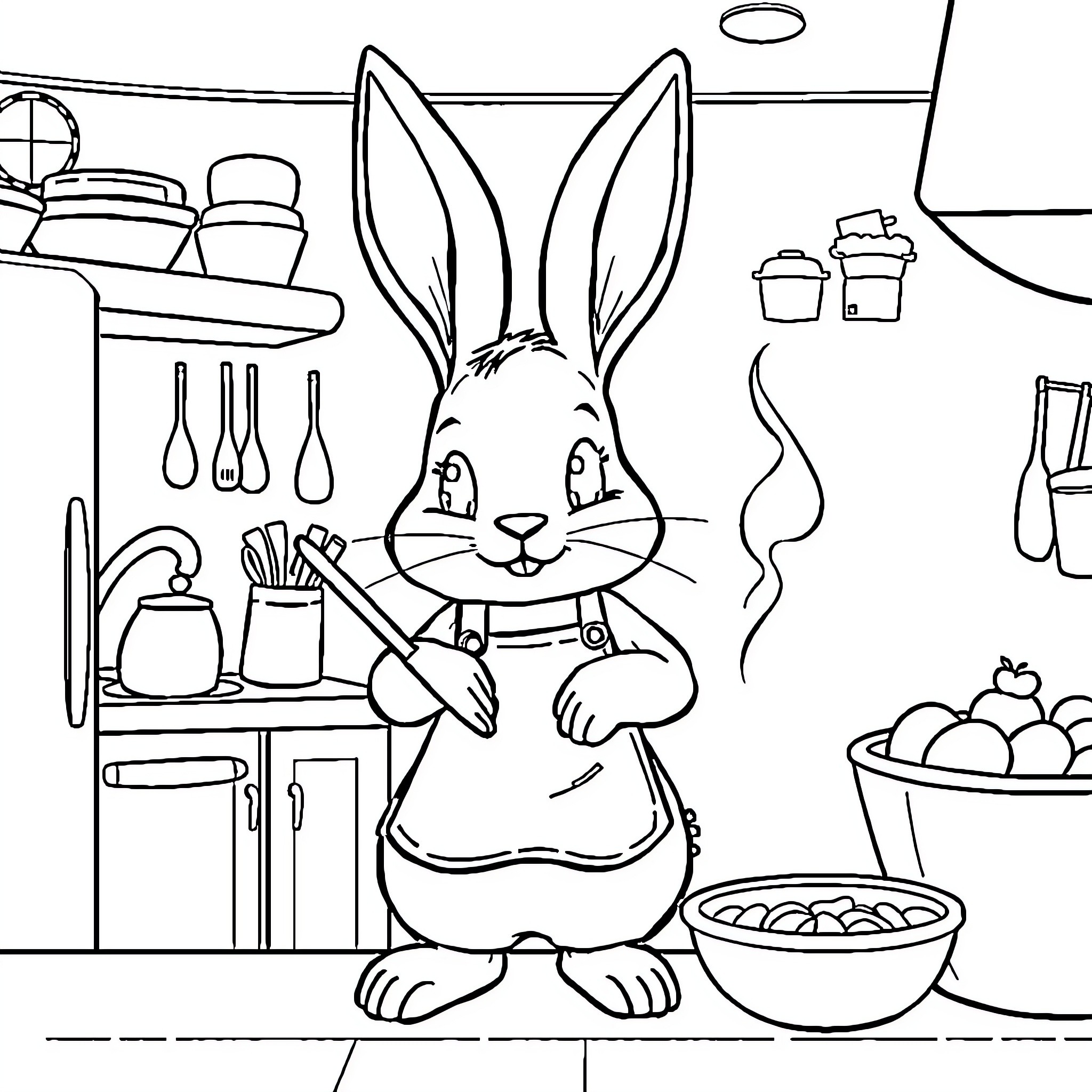 Bunny baking in the kitchen Coloring Page (free black-and-white line drawing printable PDF for all, from beginners to advanced learners, including children, teens, adults, and seniors)
