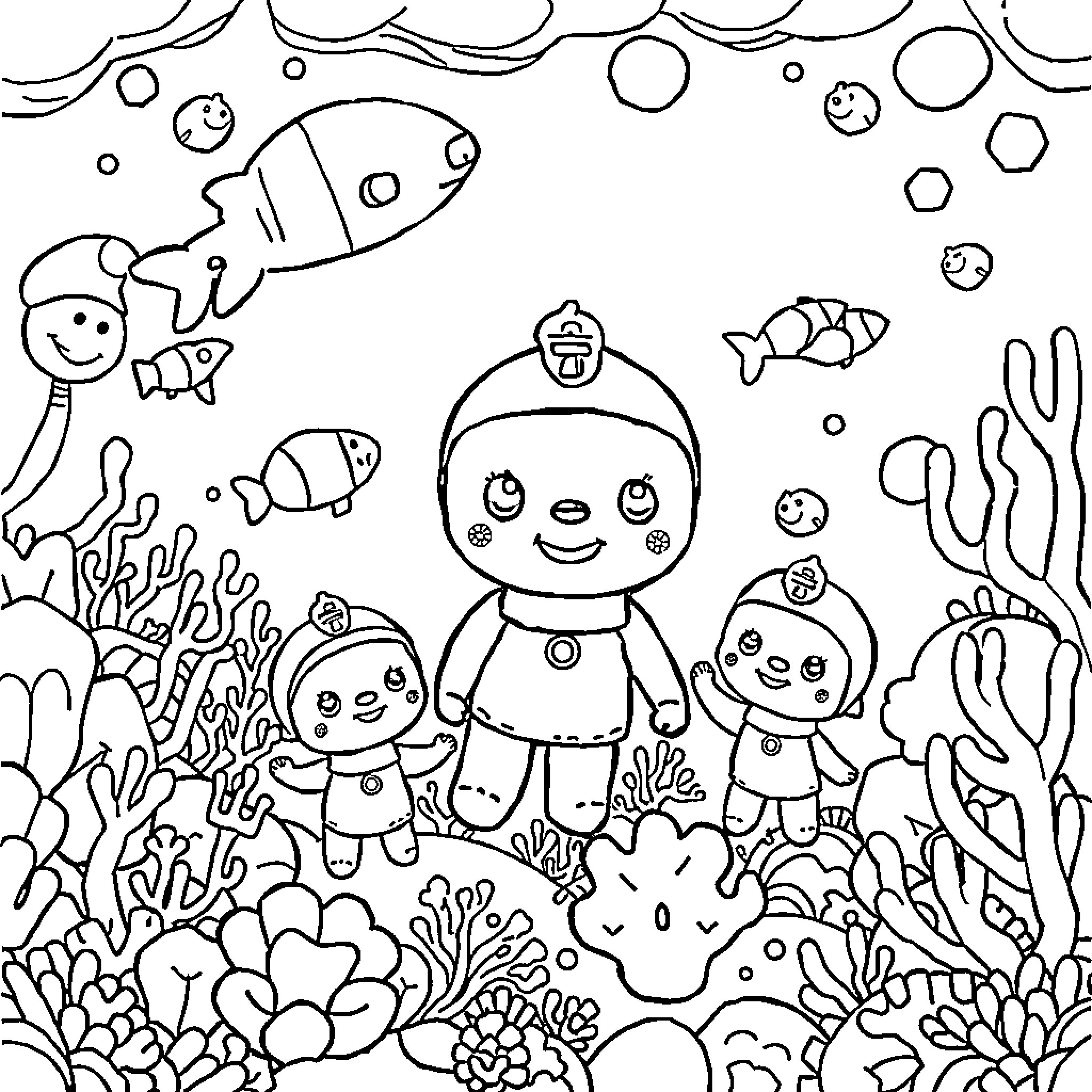 Octonauts exploring the underwater world Coloring Page (free black-and-white line drawing printable PDF for all, from beginners to advanced learners, including children, teens, adults, and seniors)