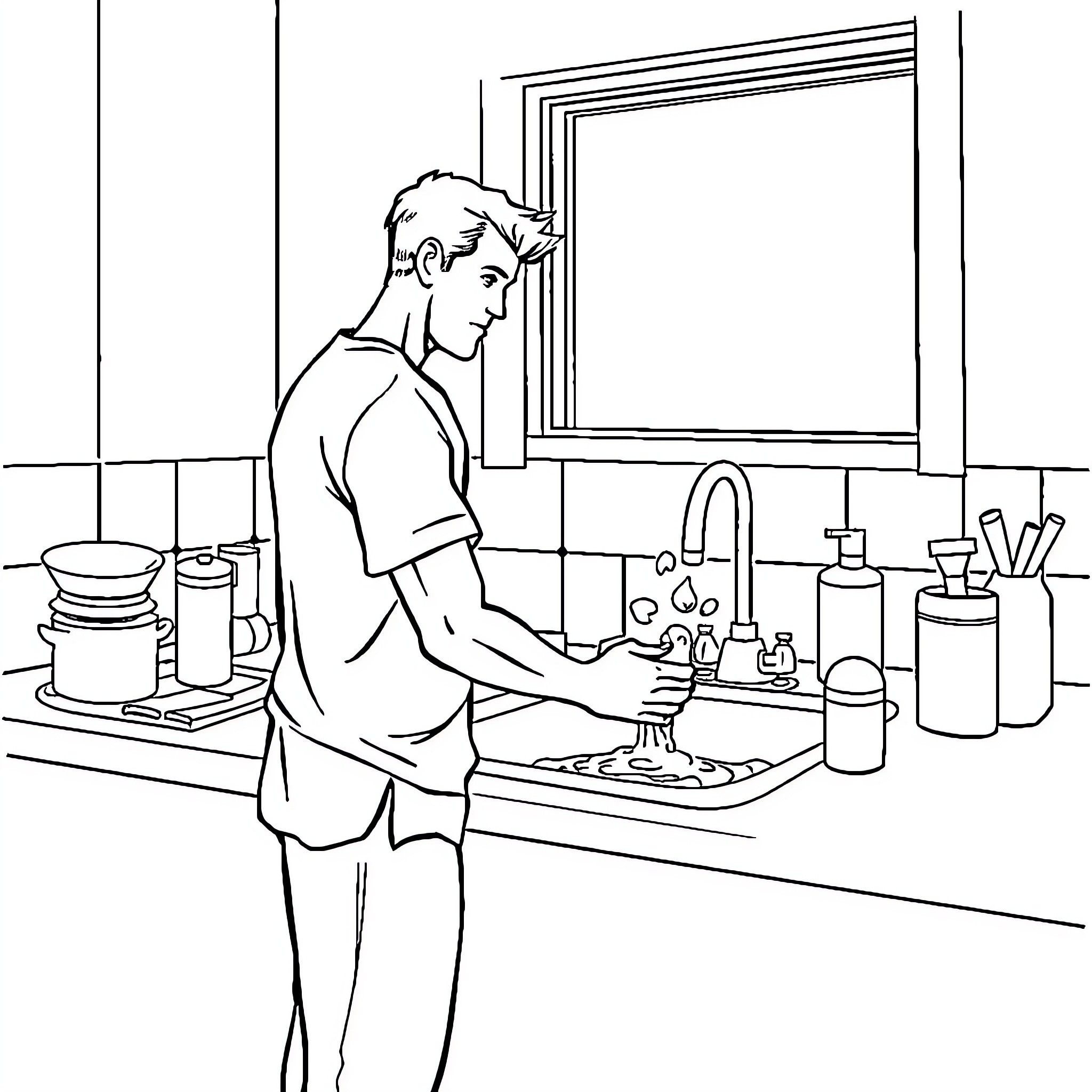 Man cleaning dishes in the kitchen Coloring Page (free black-and-white line drawing printable PDF for all, from beginners to advanced learners, including children, teens, adults, and seniors)