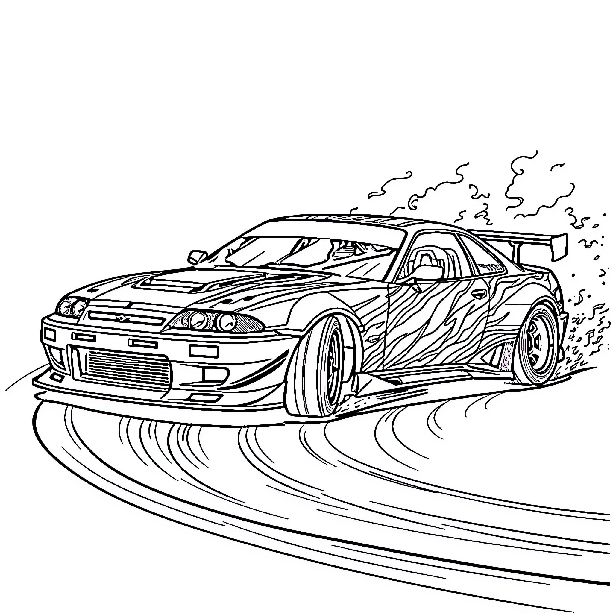 Drift Car Speeding on Winding Road Coloring Page (free black-and-white line drawing printable PDF for all, from beginners to advanced learners, including children, teens, adults, and seniors)