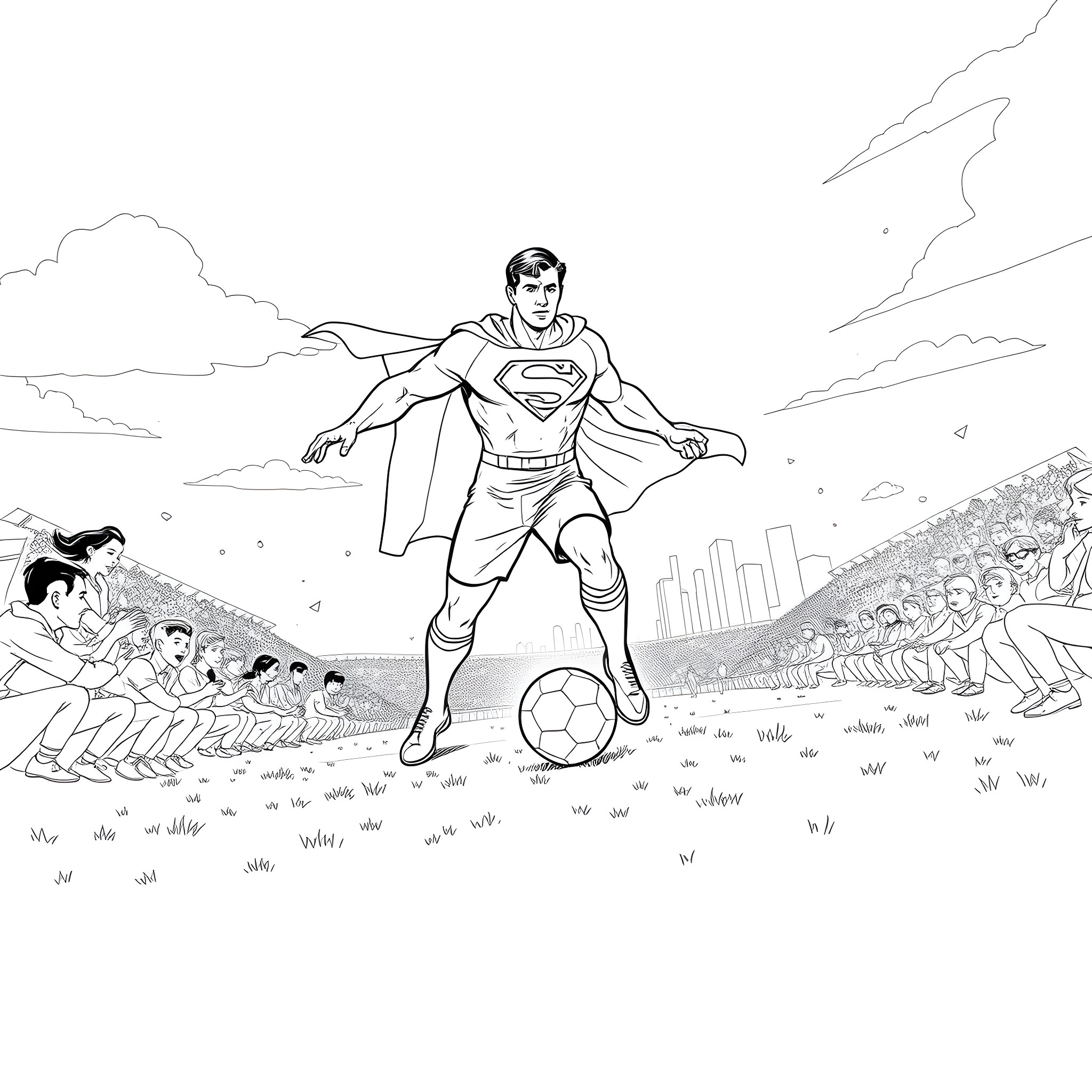 Superman playing soccer with cheering crowd Coloring Page (free black-and-white line drawing printable PDF for all, from beginners to advanced learners, including children, teens, adults, and seniors)