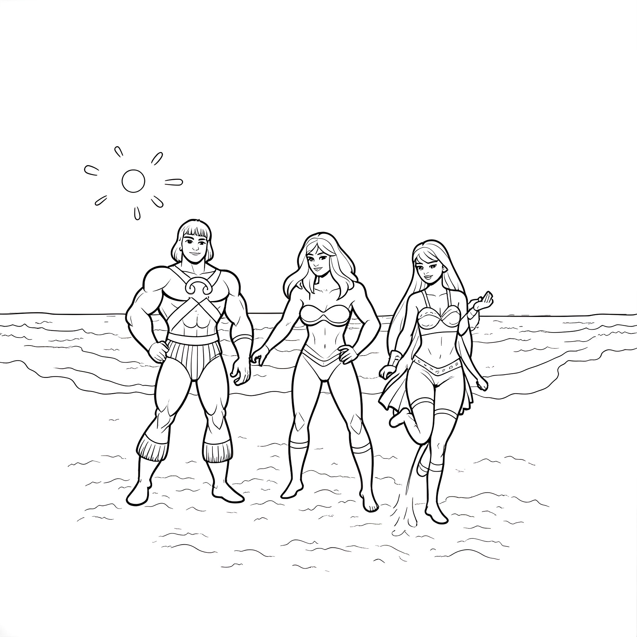 He-Man and friends enjoying a day at the beach Coloring Page (free black-and-white line drawing printable PDF for all, from beginners to advanced learners, including children, teens, adults, and seniors)
